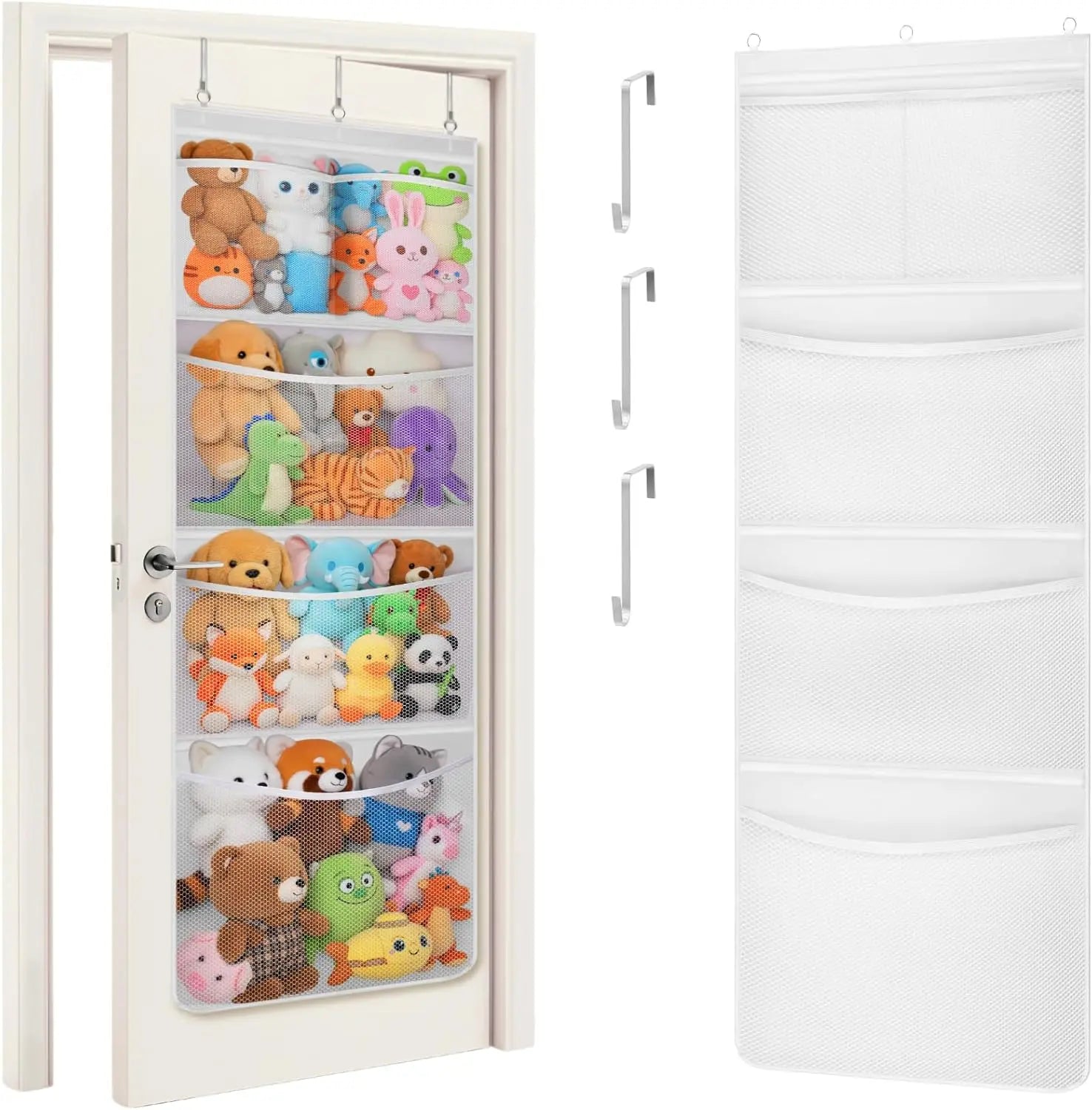 Stuffed Animal Storage, Over the Door Organizer with 5 Expandable Mesh Pockets, Breathable Oxford Fabric Hanging Kid Baby Plh Toy Holder for Nursery, 167 cm (65.8'') High, White, 1 Pack Wholesale Hub