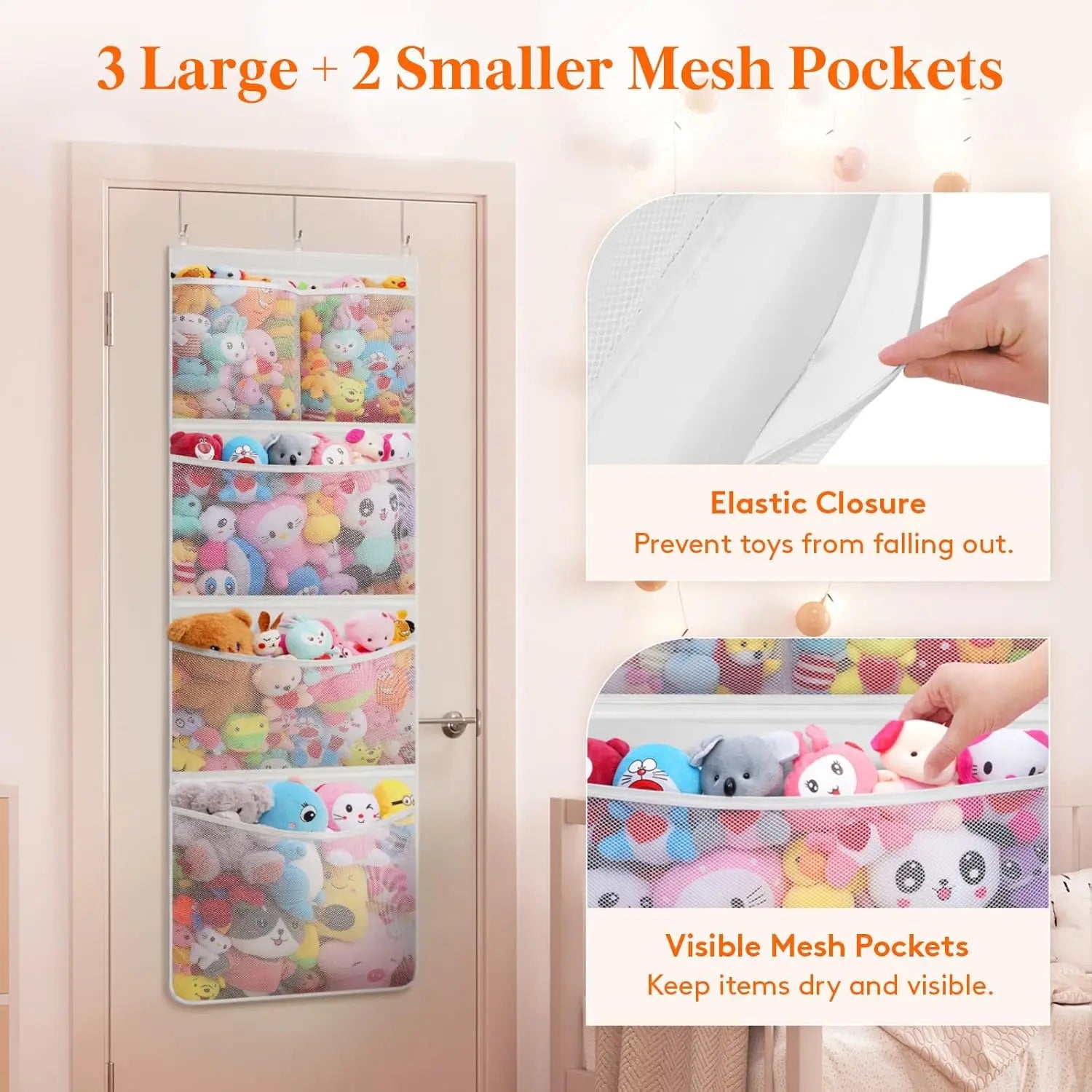 Stuffed Animal Storage, Over the Door Organizer with 5 Expandable Mesh Pockets, Breathable Oxford Fabric Hanging Kid Baby Plh Toy Holder for Nursery, 167 cm (65.8'') High, White, 1 Pack Wholesale Hub