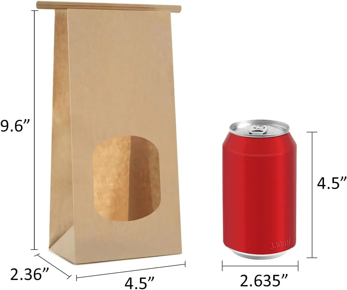 Bakery Bags with Window 100pcs 4.5x2.36x9.6 Inches Window Tin Tie Tab Lock Kraft Brown Paper Bags for Coffee Bean, Cookies, Treat, Snack Wholesale Hub