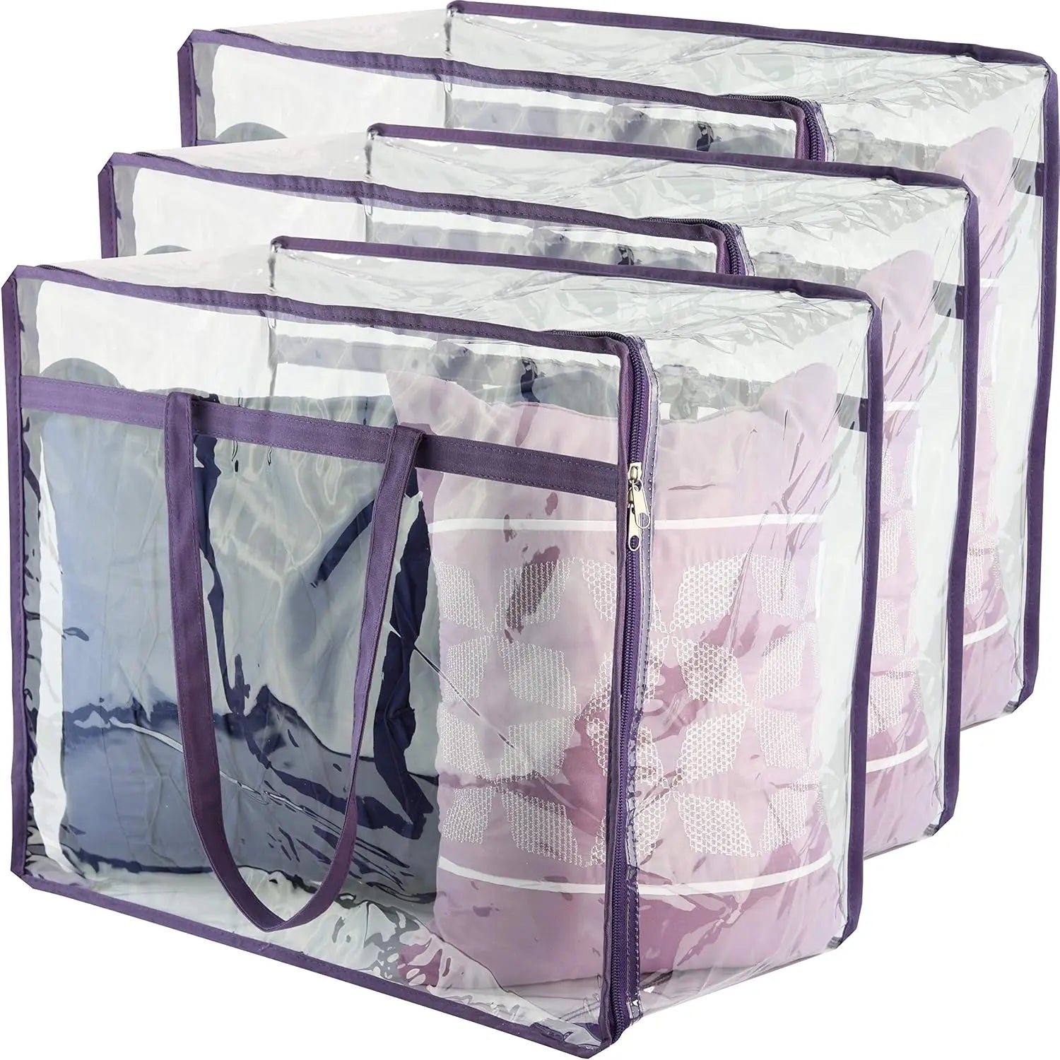 Clear Vinyl Zippered Storage Bags (3-Pack) 40L Sturdy Storage Bags for Sweaters, Blankets, Comforters, Bedding Sets and Much More! (Purple, 18x15x9) Wholesale Hub