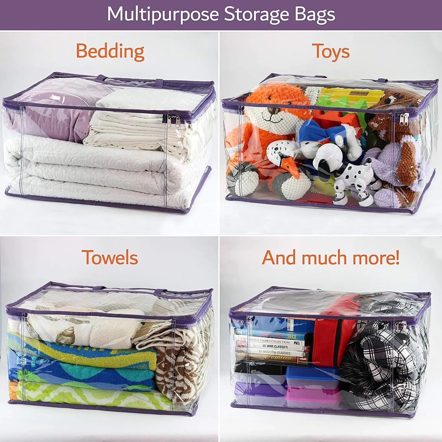 Clear Vinyl Zippered Storage Bags (3-Pack) 40L Sturdy Storage Bags for Sweaters, Blankets, Comforters, Bedding Sets and Much More! (Purple, 18x15x9) Wholesale Hub