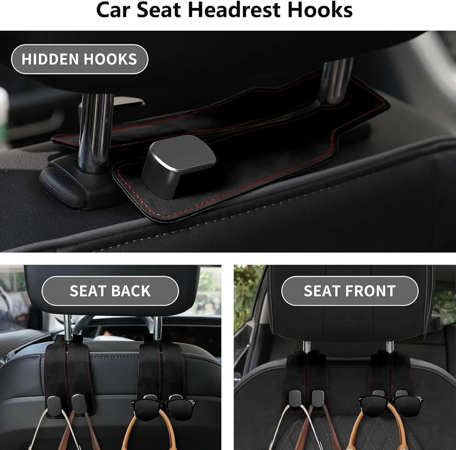 2 Pack Car Hooks for Headrest, Headrest Hooks Car Purse Hook Car Seat Back Storage Hook Premium Leather Car Seat Holder for Headrest Purses and Bags (Black) Wholesale Hub