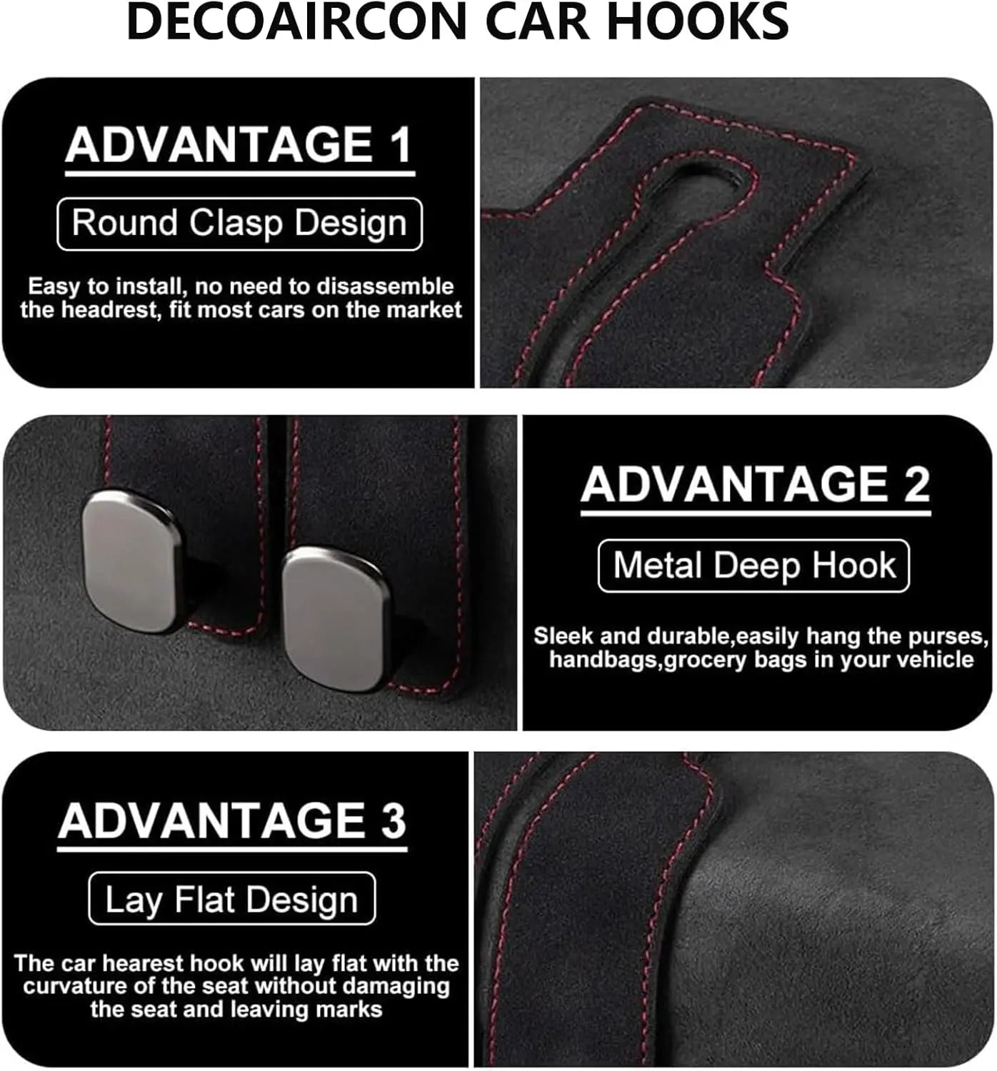 2 Pack Car Hooks for Headrest, Headrest Hooks Car Purse Hook Car Seat Back Storage Hook Premium Leather Car Seat Holder for Headrest Purses and Bags (Black) Wholesale Hub