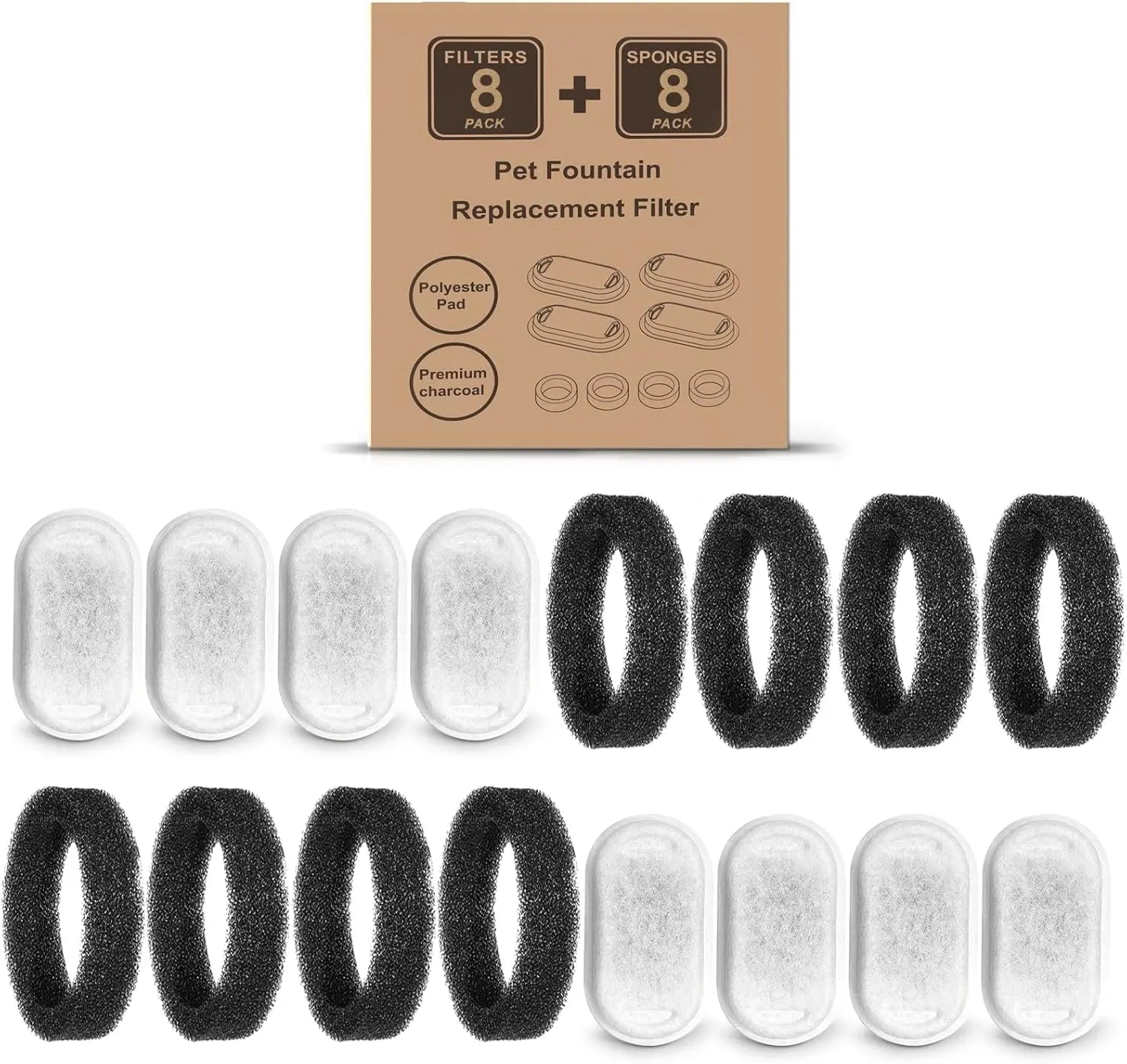 Cat Water Fountain Filters for 108/3.2L& 67oz/2L Stainless Steel Pet Water Dispenser Fountain Filter Replacement with 8 Sponges (8 Filters&8 Sponges) Wholesale Hub