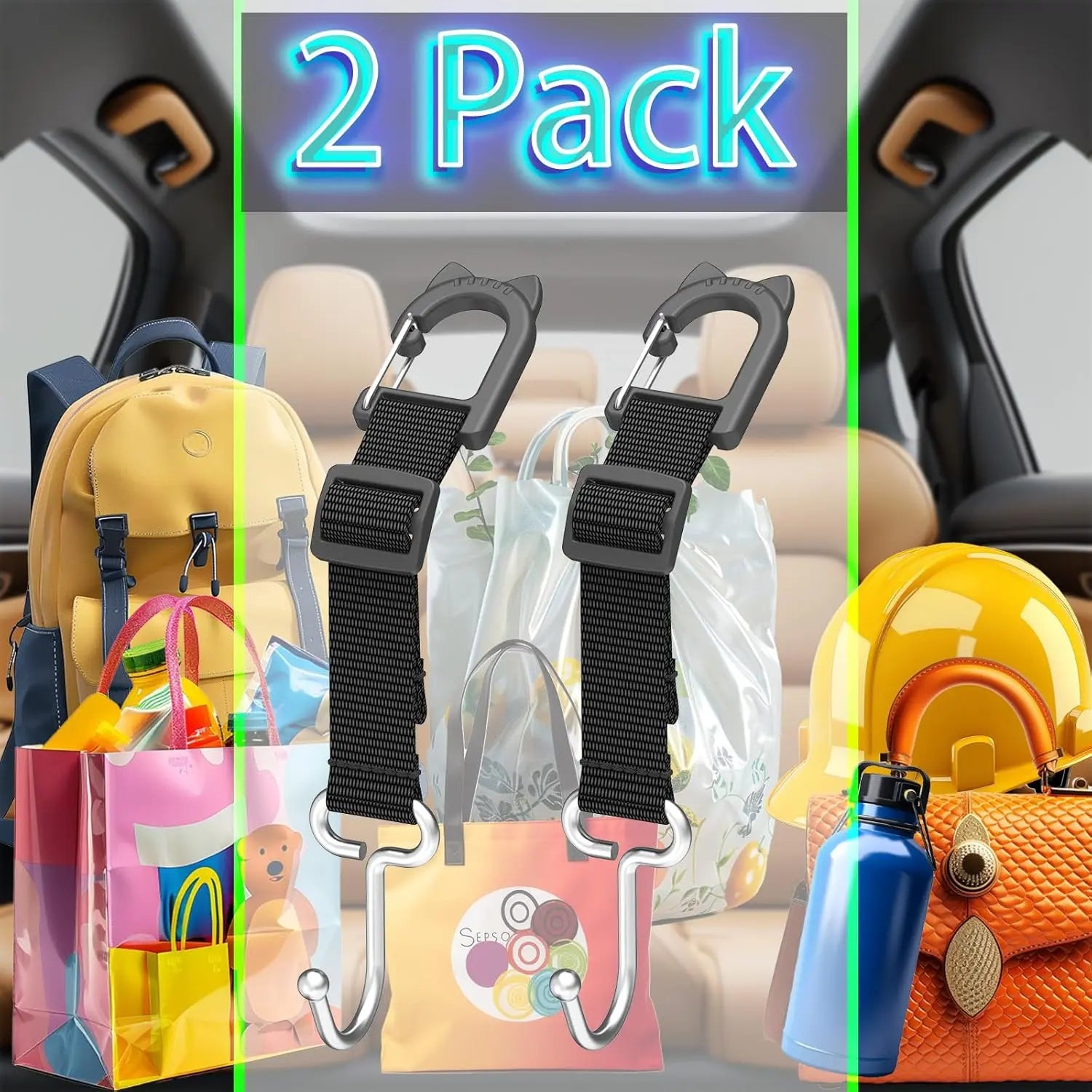 Car Headrest Hooks 2-Pack - Heavy Duty Metal Seat Hooks for Purses, Handbags & Grocery Bags - 100 LBS Load - Universal Car Accessory Organizer, Car Gifts Wholesale Hub