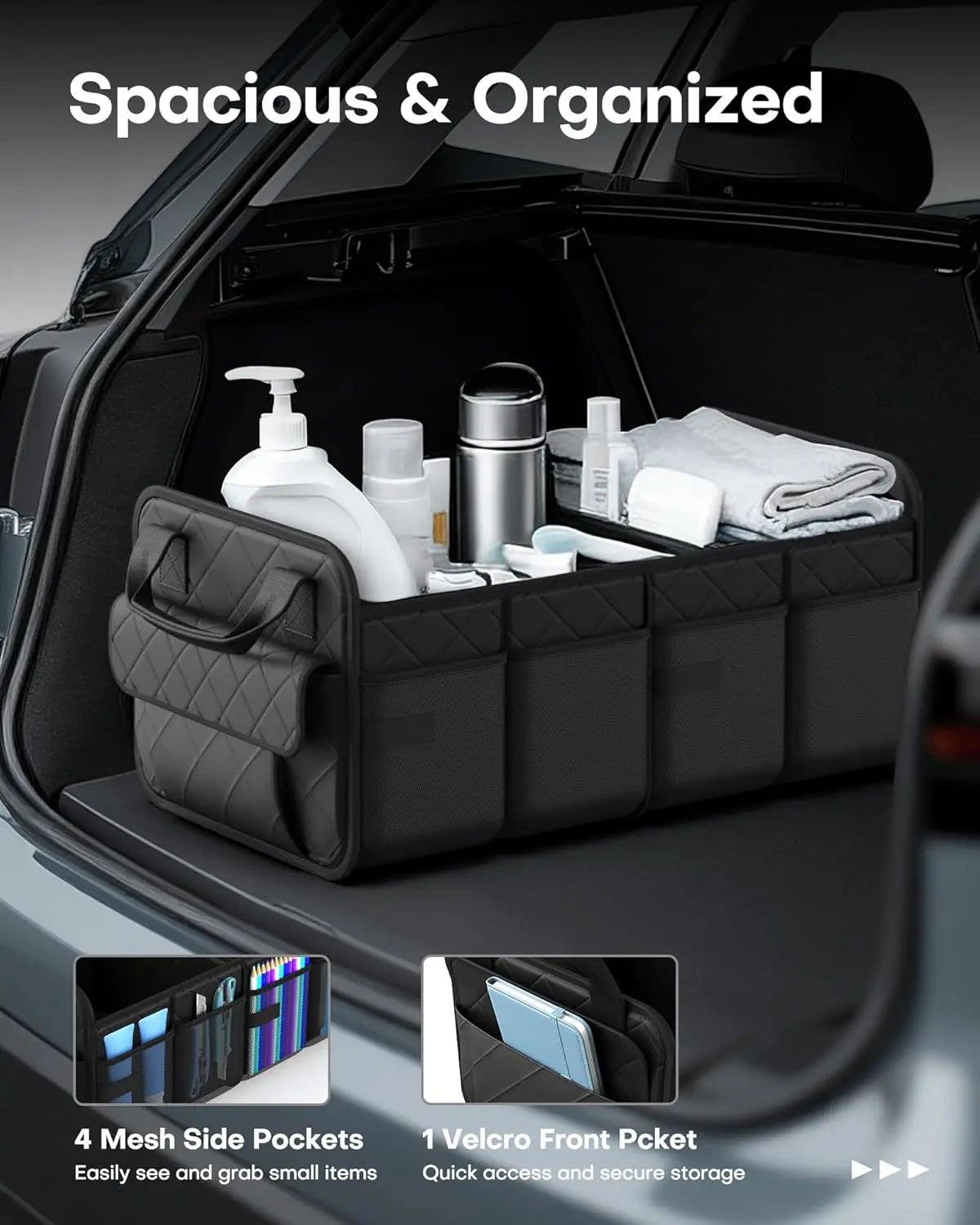Trunk Organizer for SUV – Foldable & Portable Car Organizers and Storage with 2 Compartments, Large Capacity Car Trunk Organizer Car Accessories for Truck Sedan, Black, 21.7" x 12.8" x 11.0" Wholesale Hub