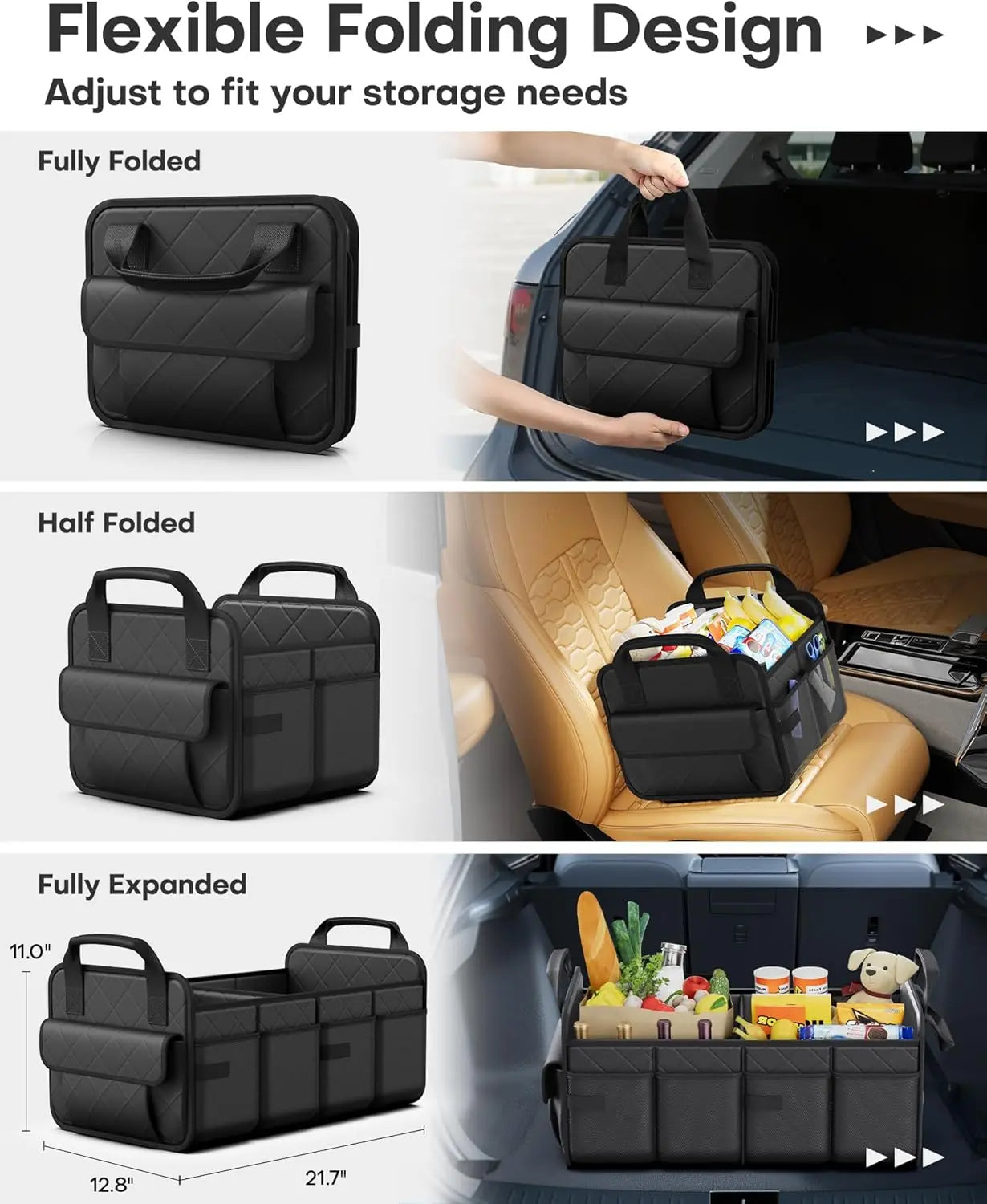 Trunk Organizer for SUV – Foldable & Portable Car Organizers and Storage with 2 Compartments, Large Capacity Car Trunk Organizer Car Accessories for Truck Sedan, Black, 21.7" x 12.8" x 11.0" Wholesale Hub