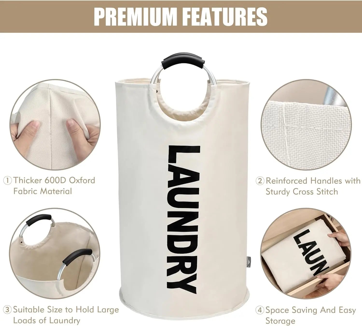 Petluno 90L Large Laundry Basket, Collapsible Bag, Freestanding Tall Clothes Hamper, Foldable Washing Bin (Beige) Beige Wholesale Hub