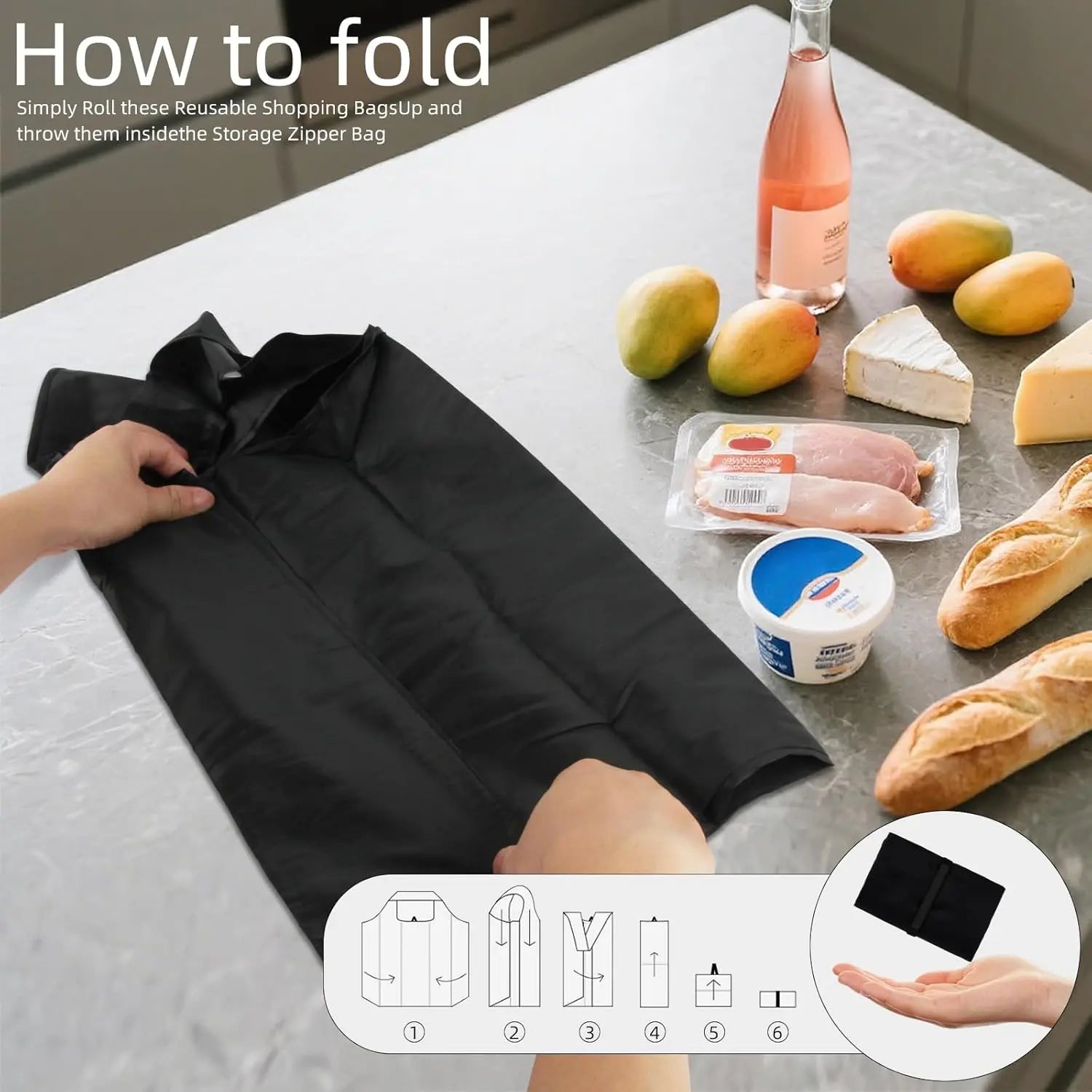 Store Grocery Bags 2 Pack Large Foldable Shopping Bag Folding into Attached Elastic Bands 44x40cm Reusable Washable Wholesale Hub