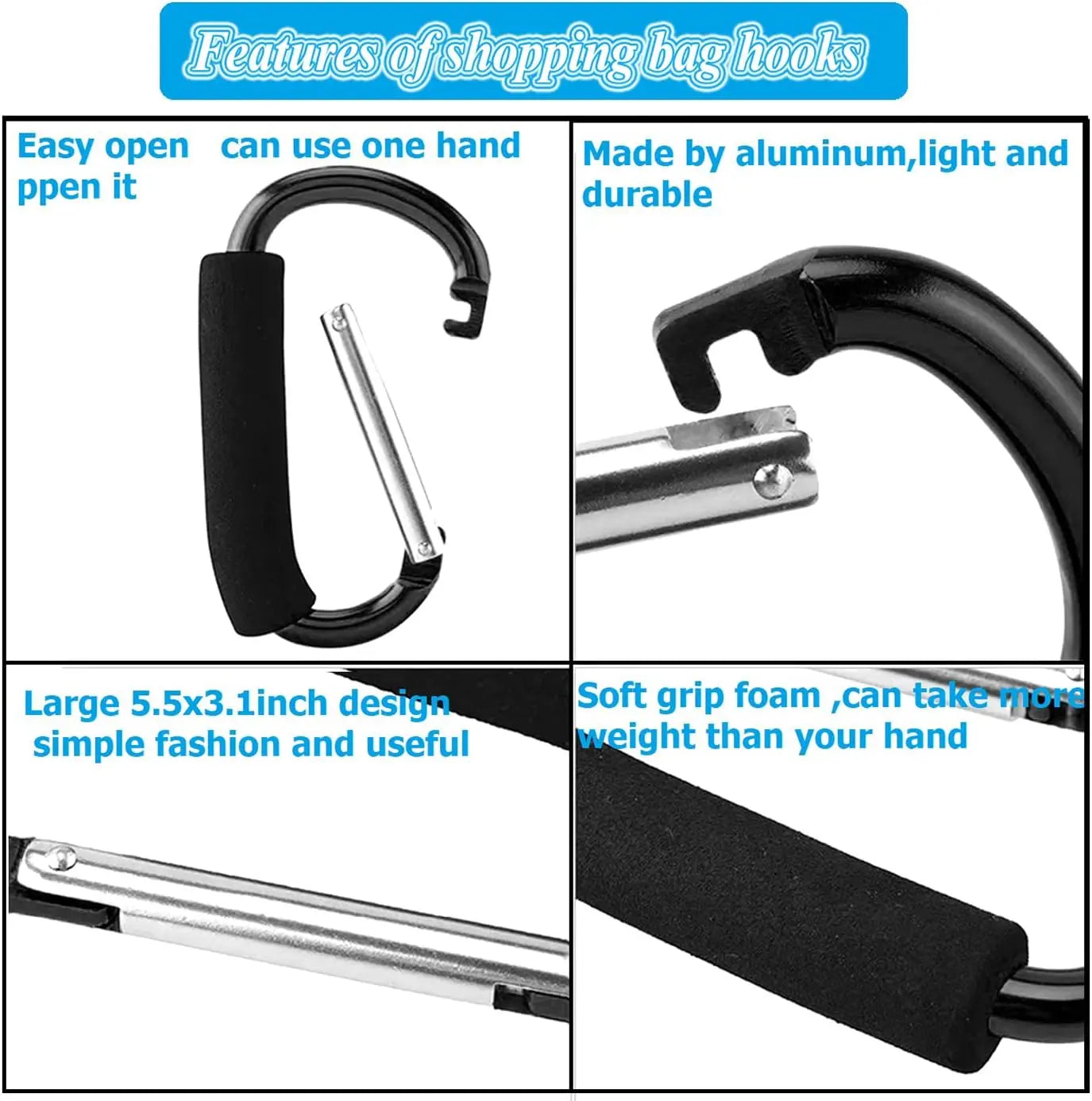 Stroller Hooks by Baby,Large Stroller Hooks for Mommy, 2 pcs Carabiner Stroller Hook Organizer for Hanging Purses, Diaper Bag, Shopping Bags (Sky Blue) Wholesale Hub