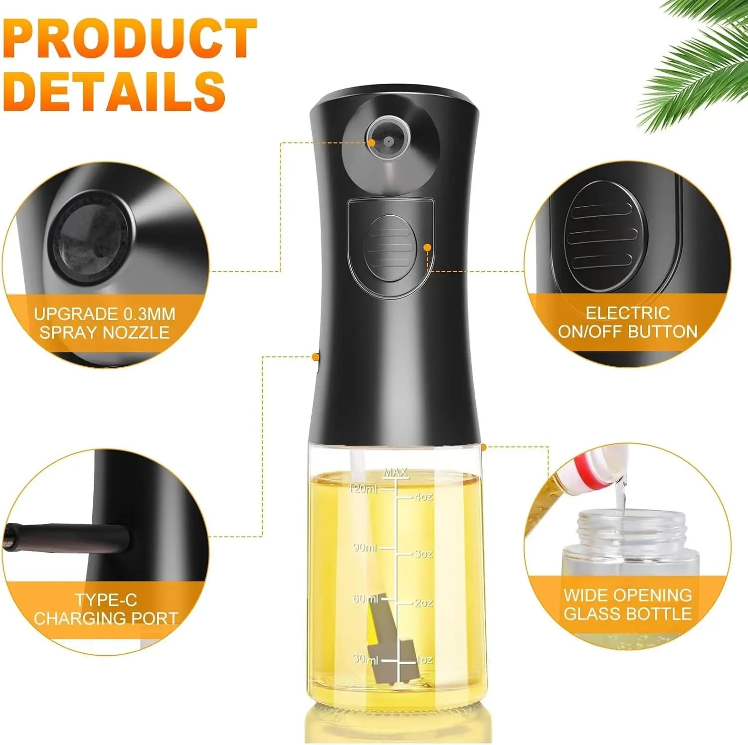 Electric Oil Sprayer for Cooking, Glass Oil Sprayer Mister, Olive Oil Spray Bottle, The Real Oil Mister for Salads, Baking, Grilling, and Ideal for Air Fryers, Black Wholesale Hub