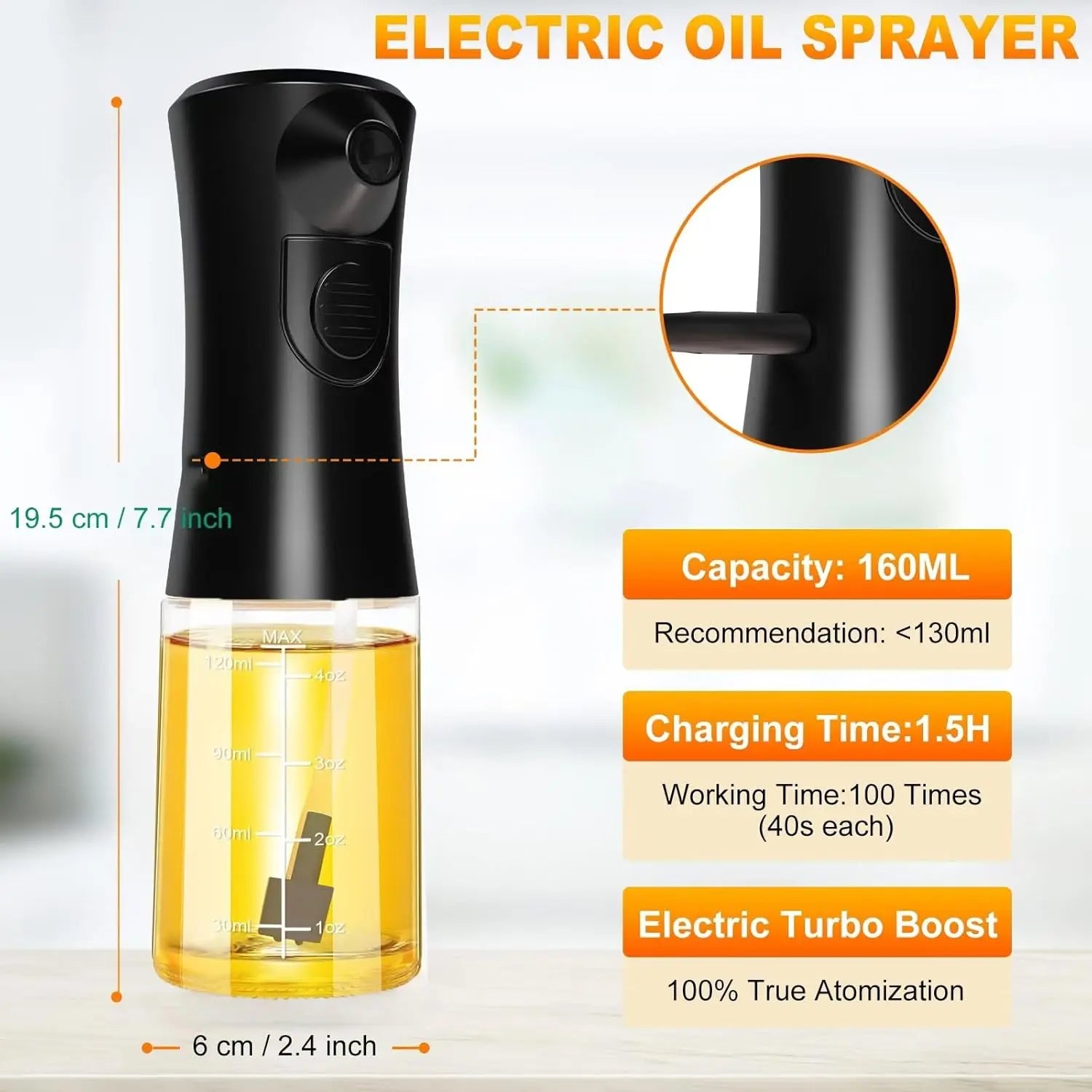 Electric Oil Sprayer for Cooking, Glass Oil Sprayer Mister, Olive Oil Spray Bottle, The Real Oil Mister for Salads, Baking, Grilling, and Ideal for Air Fryers, Black Wholesale Hub