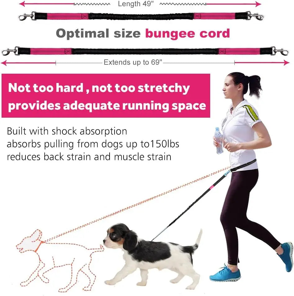 Hands Free Dog Leash for Running Walking Training Hiking, Dual-Handle Reflective Bungee, Poop Bag Dispenser Pouch, Adjustable Waist Belt, Shock Absorbing, Ideal for Medium to Large Dogs (Black W Pink) Wholesale Hub