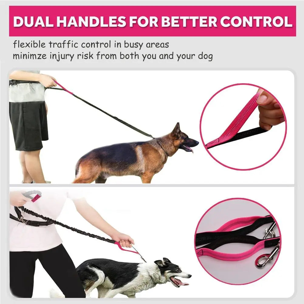 Hands Free Dog Leash for Running Walking Training Hiking, Dual-Handle Reflective Bungee, Poop Bag Dispenser Pouch, Adjustable Waist Belt, Shock Absorbing, Ideal for Medium to Large Dogs (Black W Pink) Wholesale Hub