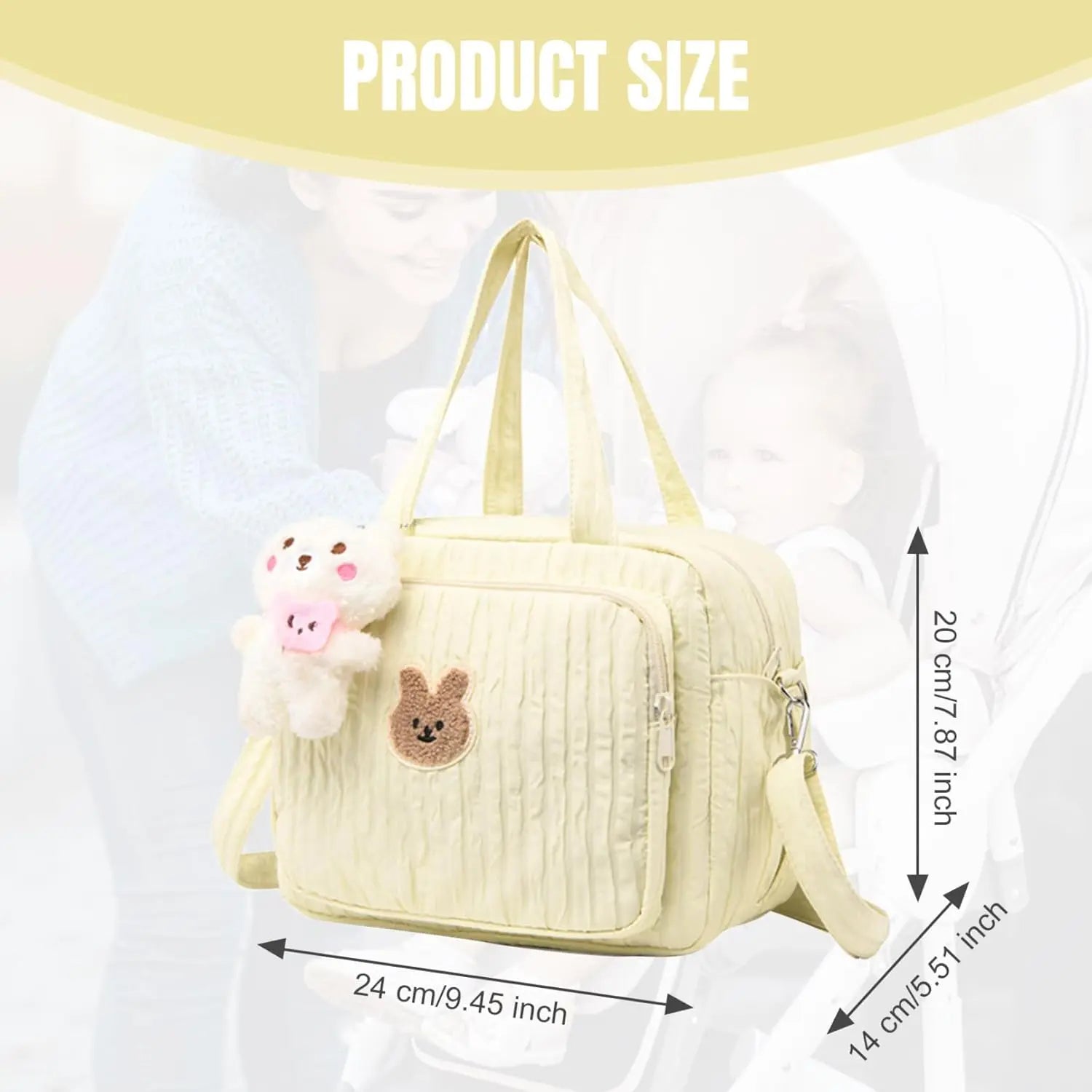 Diaper Tote Bag, 9.5inch Tote Diaper Bag with Plush Doll Pendant, Adjustable Strap & Handle, Large Mommy Bag, Portable Baby Nappy Bag, Travel Baby Bag for Mom (Yellow) Wholesale Hub