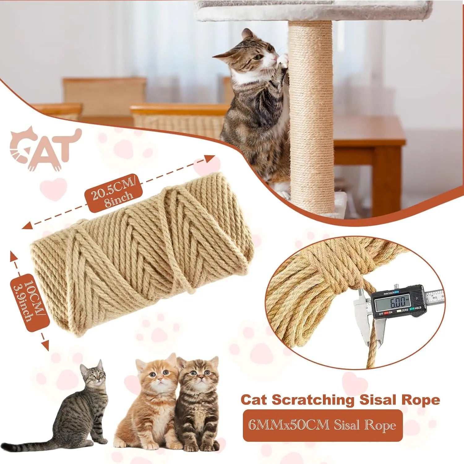 50M Sisal Rope for Cat Scratchers, Cat Scratching Sisal Rope 6mm Natural Jute Hemp Rope, Ideal for Replace Scratching Post, Repair Cat Tree, DIY Projects Wholesale Hub