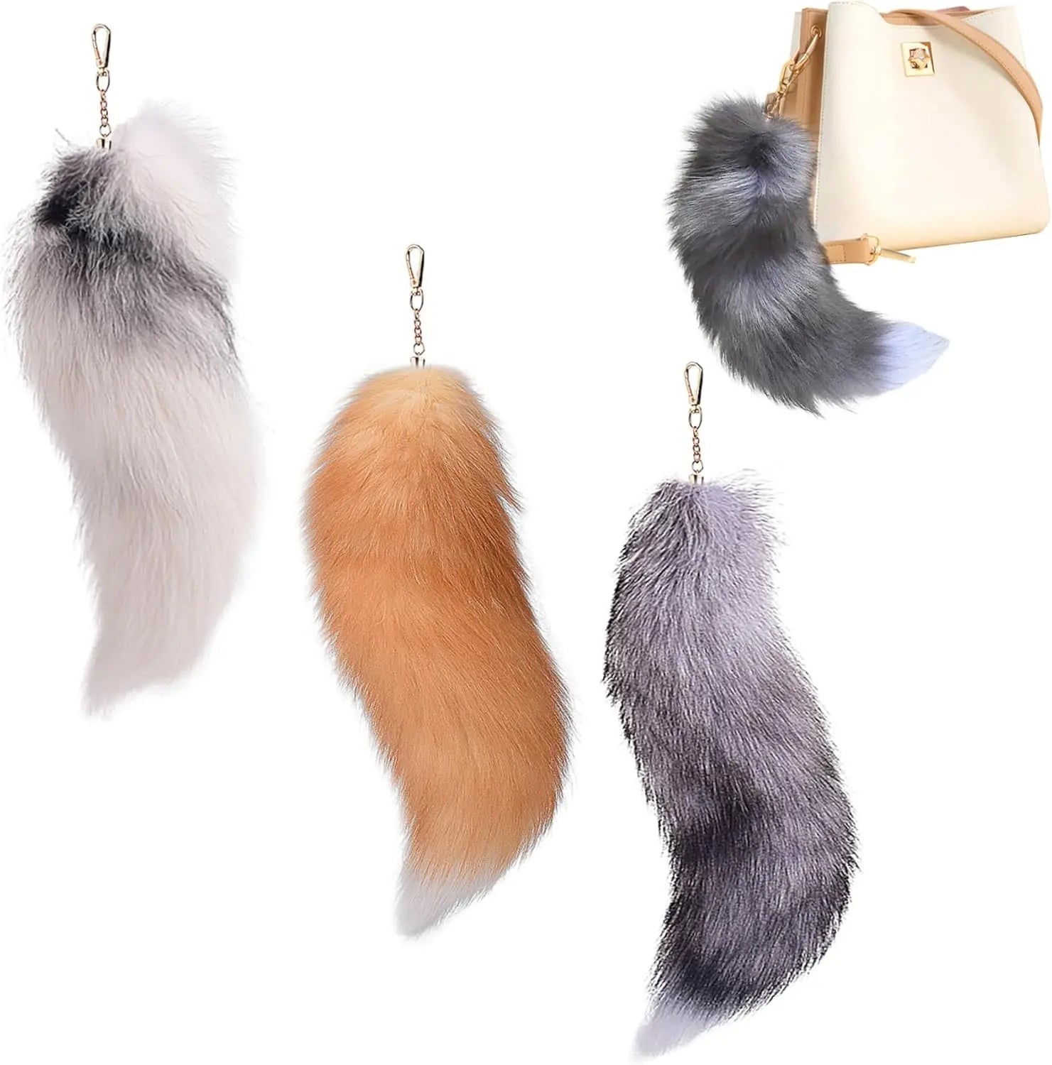 3 Pcs Therian Tail, 15.8 Inch Long Therian Fox Tail with Clasp, Halloween Soft Fluffy Fox Tail Keychain, Hanging Fox Tails for Women Adult Handbag Backpack Wholesale Hub