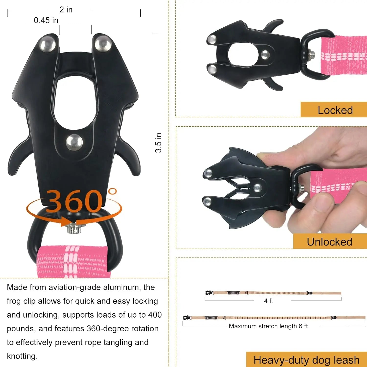 Tactical Bungee Dog Leash - Pink Heavy Duty Leash for Large Dogs with Reflective Stitching, 2 Handles, Seatbelt Clip, 4-6FT Wholesale Hub