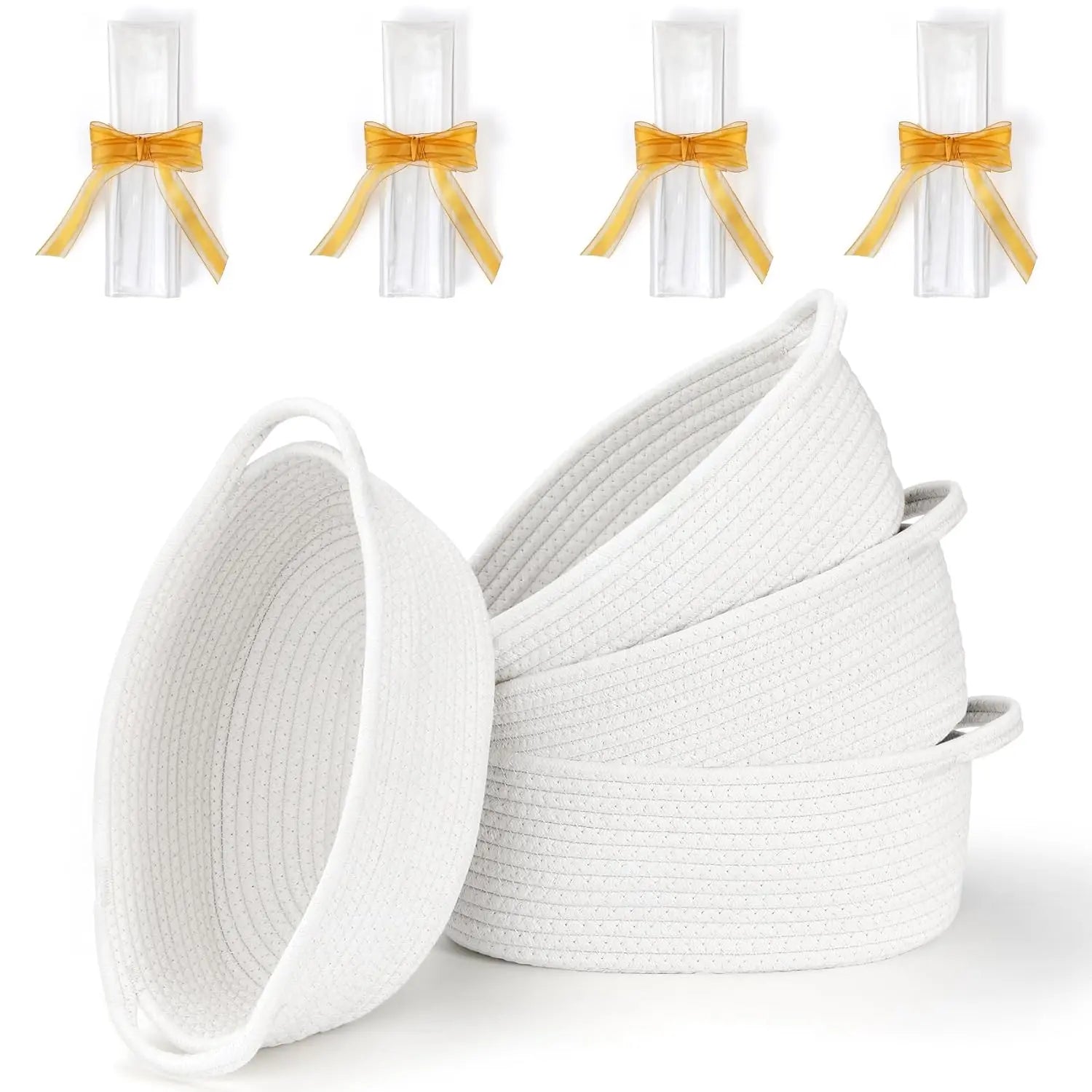 4 Pack Small Woven Basket with Handles, All 12"x 8"x 5", Cotton Rope Room Shelf Storage Basket, Cat Toys, Cute Baby Gift Bags and Ribbons for Nursery, Empty Decorative Chest Box White - Wholesale Hub