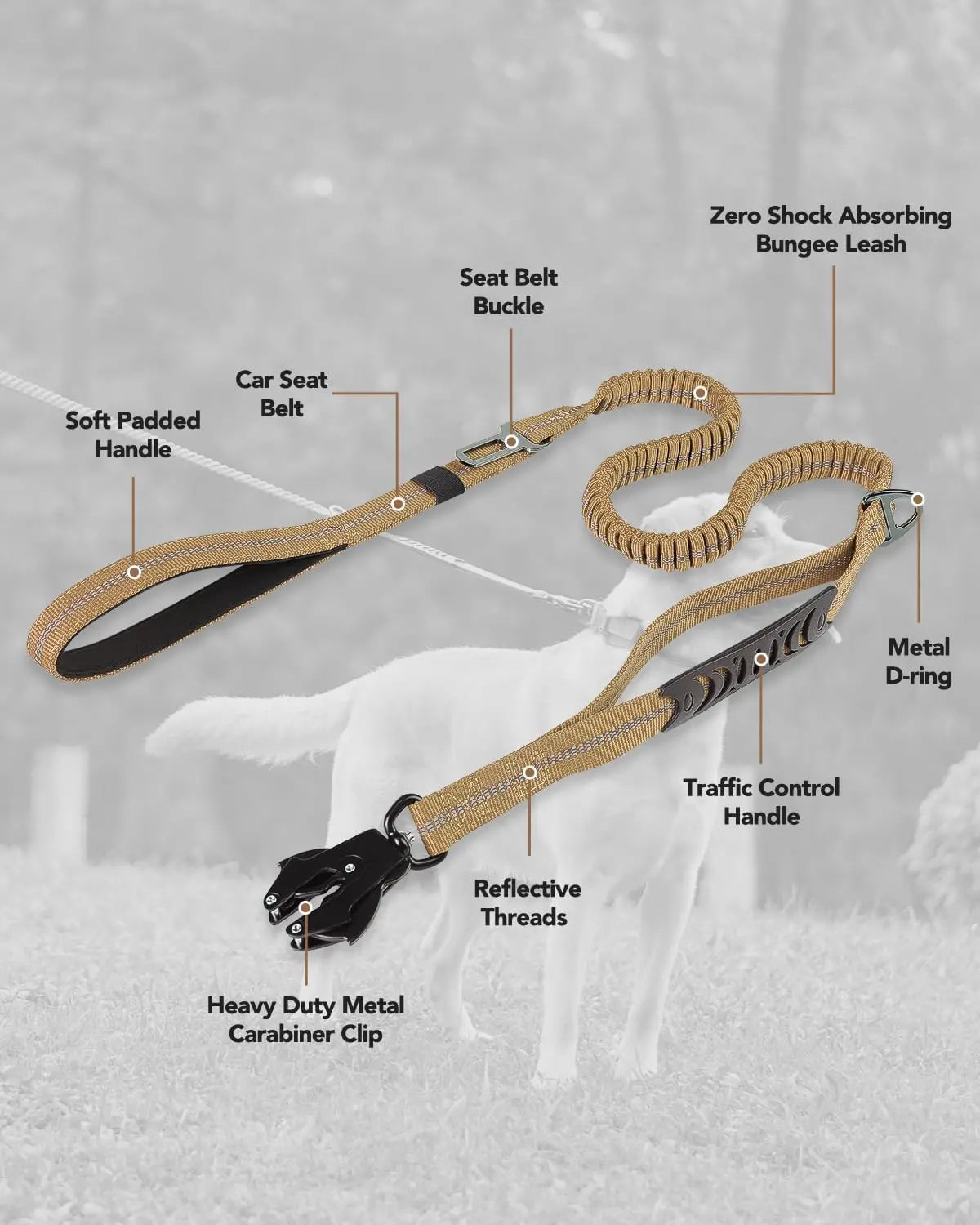 Tactical Dog Leash Heavy Duty, 4-6FT Shock Absorbing Bungee Lead with 2 Padded Handle, Metal Carabiner Clip, Car Seatbelt, Strong No Pull for Medium Large X-Large Dogs, Coyote Brown - Wholesale Hub