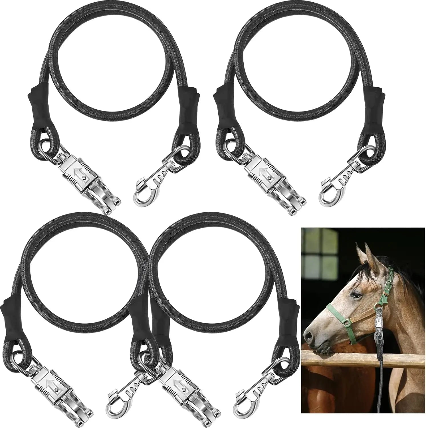 4 Pack Bungee Cross Ties Set Horse Trailer Tie Straps Bulk Cords with Snaps for Accessories, 36 Inch Long (Black) Black - Wholesale Hub
