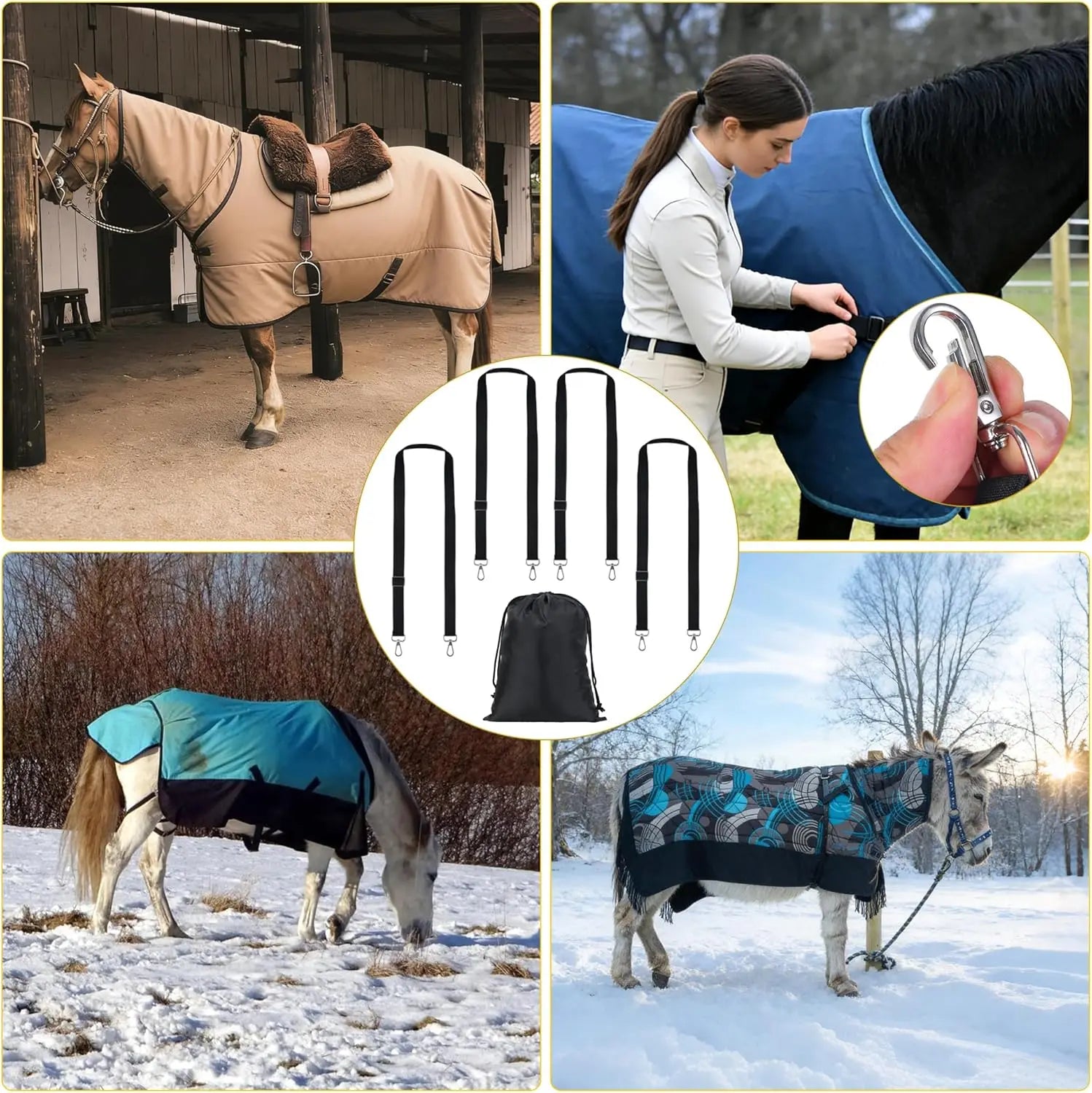 Horse Blanket Leg Straps, Elastic Belly Replacement Straps with Metal Double Swivel Snaps, 4 Pieces, Adjustable Length from 25.5" to 51" Wholesale Hub
