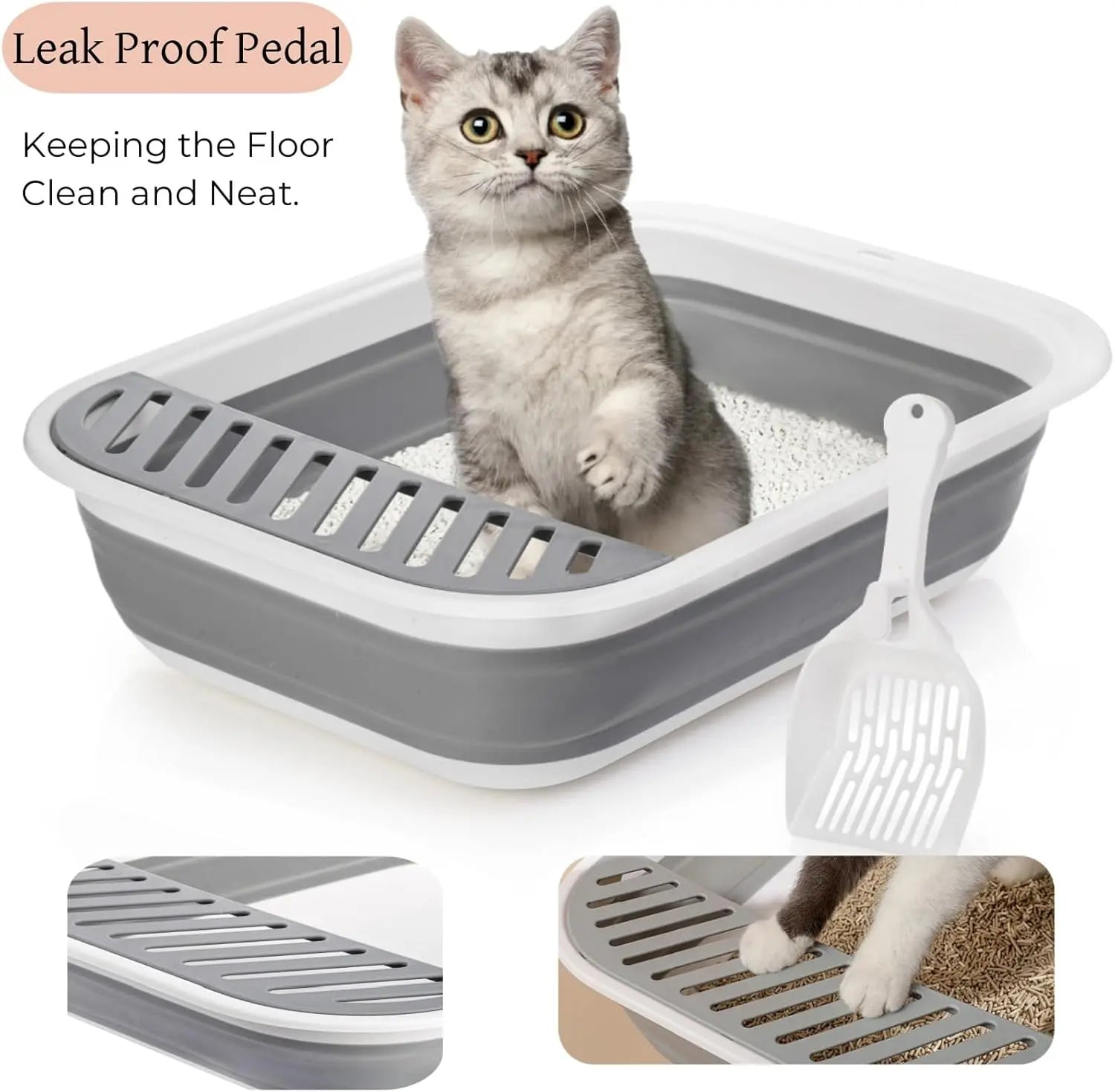 Collapsible Small Cat Litter Box, 17.7'' Open Foldable Kittens Potty with Scoop, Shallow Anti Splash Travel Toilet, Semi Enclosed Height Adjustable Sides Pan for Sick Frail Grey Wholesale Hub