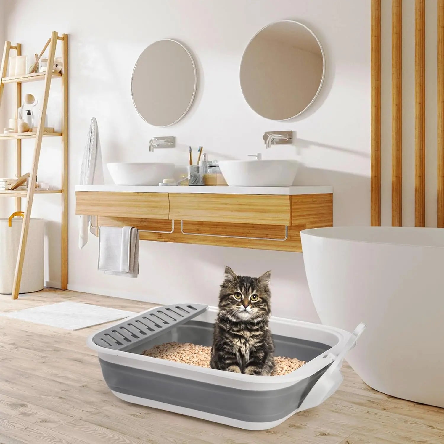 Collapsible Small Cat Litter Box, 17.7'' Open Foldable Kittens Potty with Scoop, Shallow Anti Splash Travel Toilet, Semi Enclosed Height Adjustable Sides Pan for Sick Frail Grey Wholesale Hub