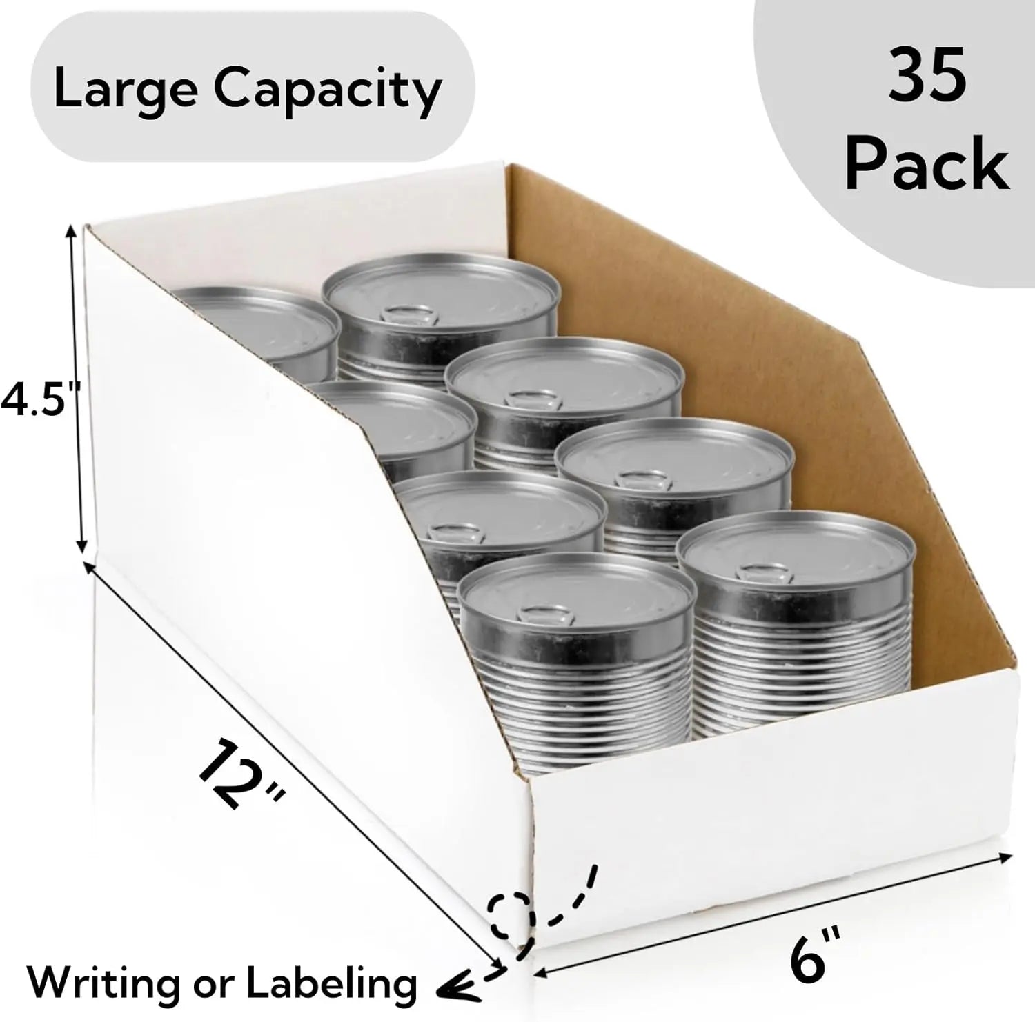 35 Pack Cardboard Storage Bins, 12" x 6" 4.5" Corrugated Open Top Box, White Pantry Shelf Organizer Bins for Parts Snacks, Ideal Garage Warehouse Home Packing Moving, Easy Assembly Wholesale Hub