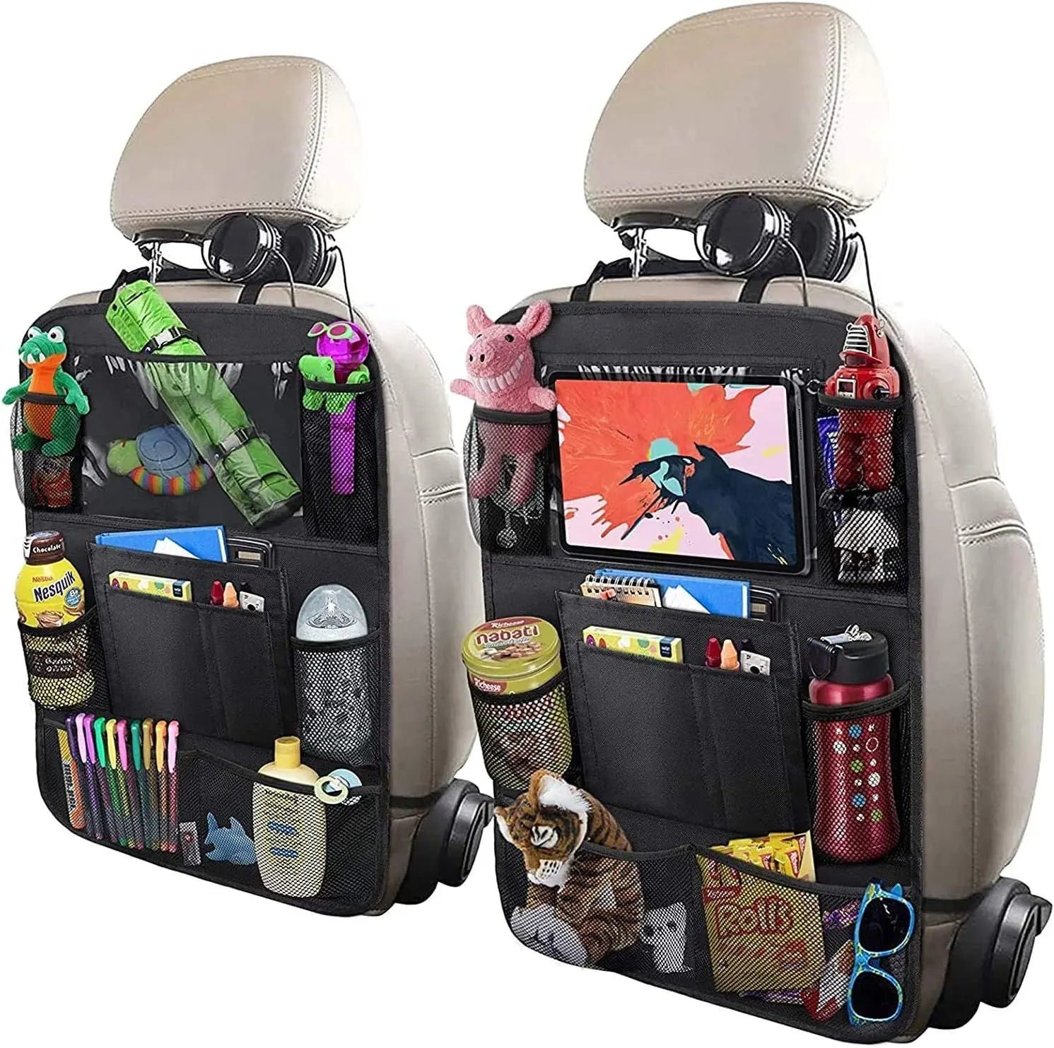 Car Backseat Organizer with 10" Table Holder, 9 Storage Pockets Seat Back Protectors Kick Mats or Kids Toddlers, Travel Accessories, 2 Pack Wholesale Hub