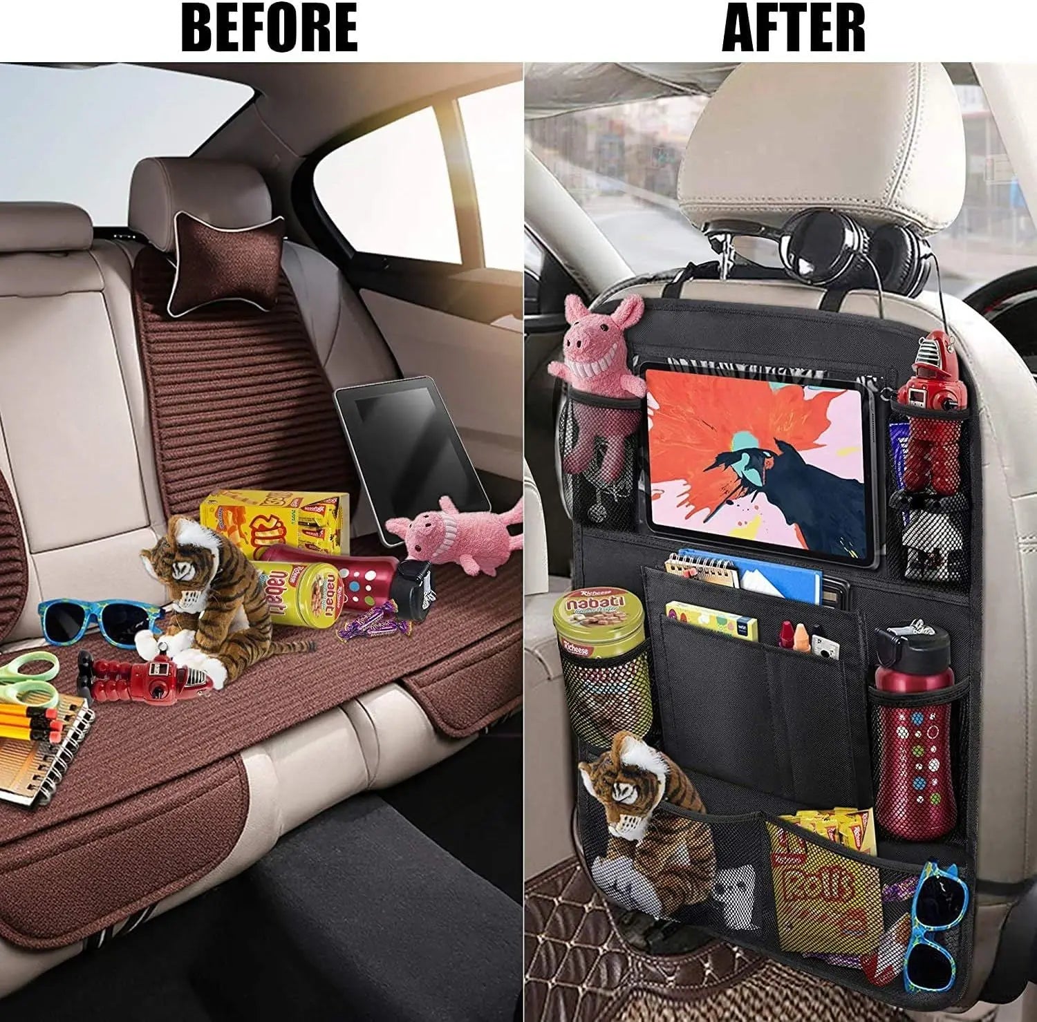 Car Backseat Organizer with 10" Table Holder, 9 Storage Pockets Seat Back Protectors Kick Mats or Kids Toddlers, Travel Accessories, 2 Pack Wholesale Hub