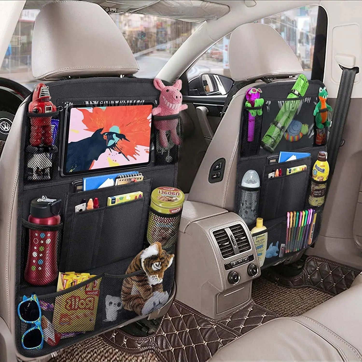 Car Backseat Organizer with 10" Table Holder, 9 Storage Pockets Seat Back Protectors Kick Mats or Kids Toddlers, Travel Accessories, 2 Pack Wholesale Hub