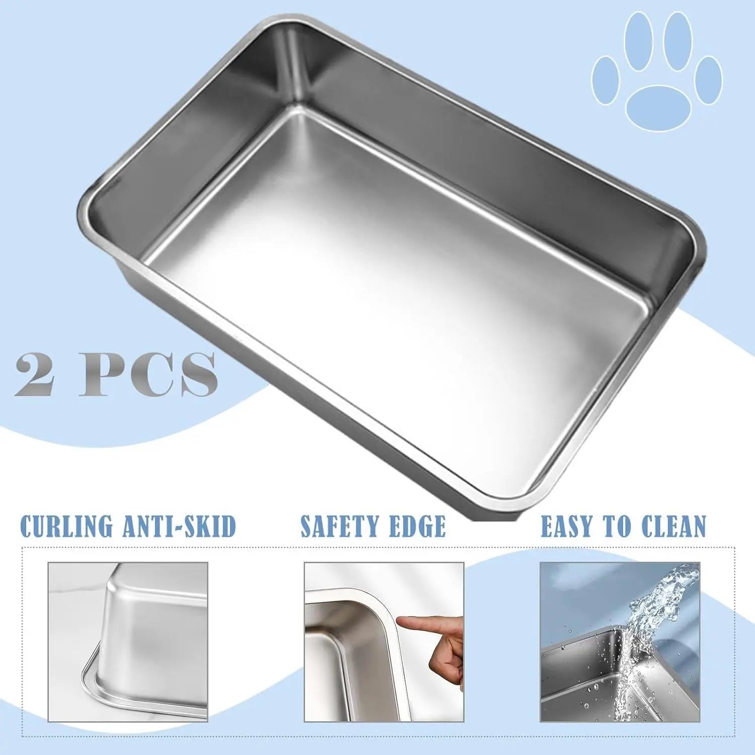 2 Pack Stainless Steel Cat Litter Box - High Side Metal Cats Toilet Large Rust Proof Litter Pan with Non Stick Smooth Surface for Cats, Kitten, Rabbits, 17.5 X 13.5 X 6 Inches Wholesale Hub