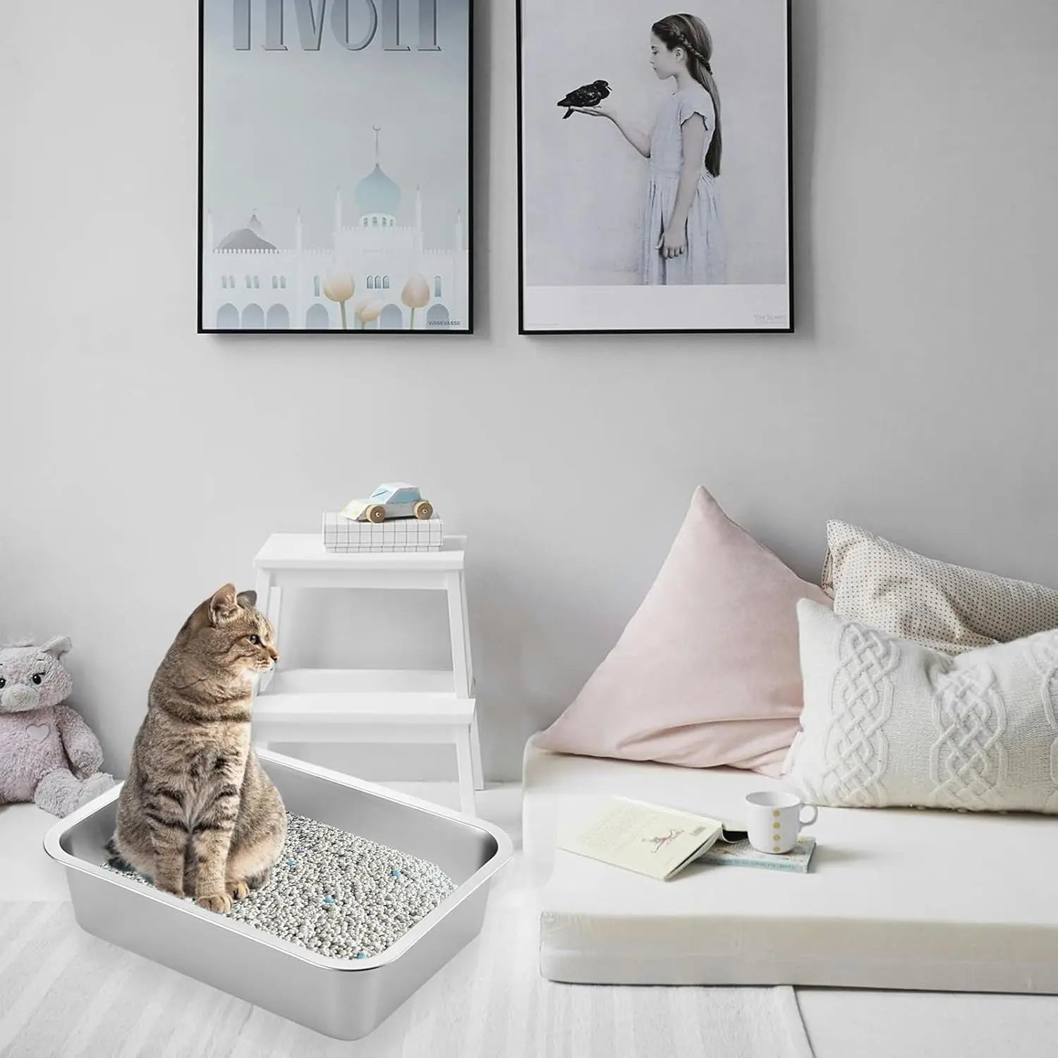2 Pack Stainless Steel Cat Litter Box - High Side Metal Cats Toilet Large Rust Proof Litter Pan with Non Stick Smooth Surface for Cats, Kitten, Rabbits, 17.5 X 13.5 X 6 Inches Wholesale Hub