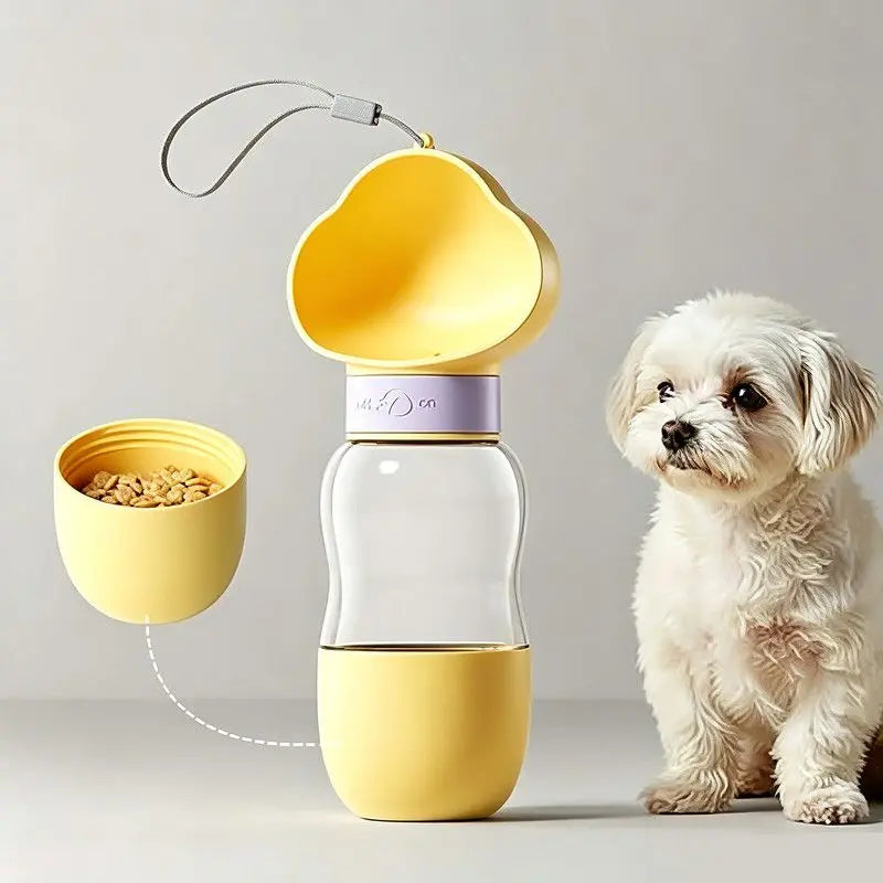 All-in-One Water and Food Pet Travel Cup 350ml Water + 200ml Food Storage Pet Outdoor Water Bottle - Yellow Wholesale Hub