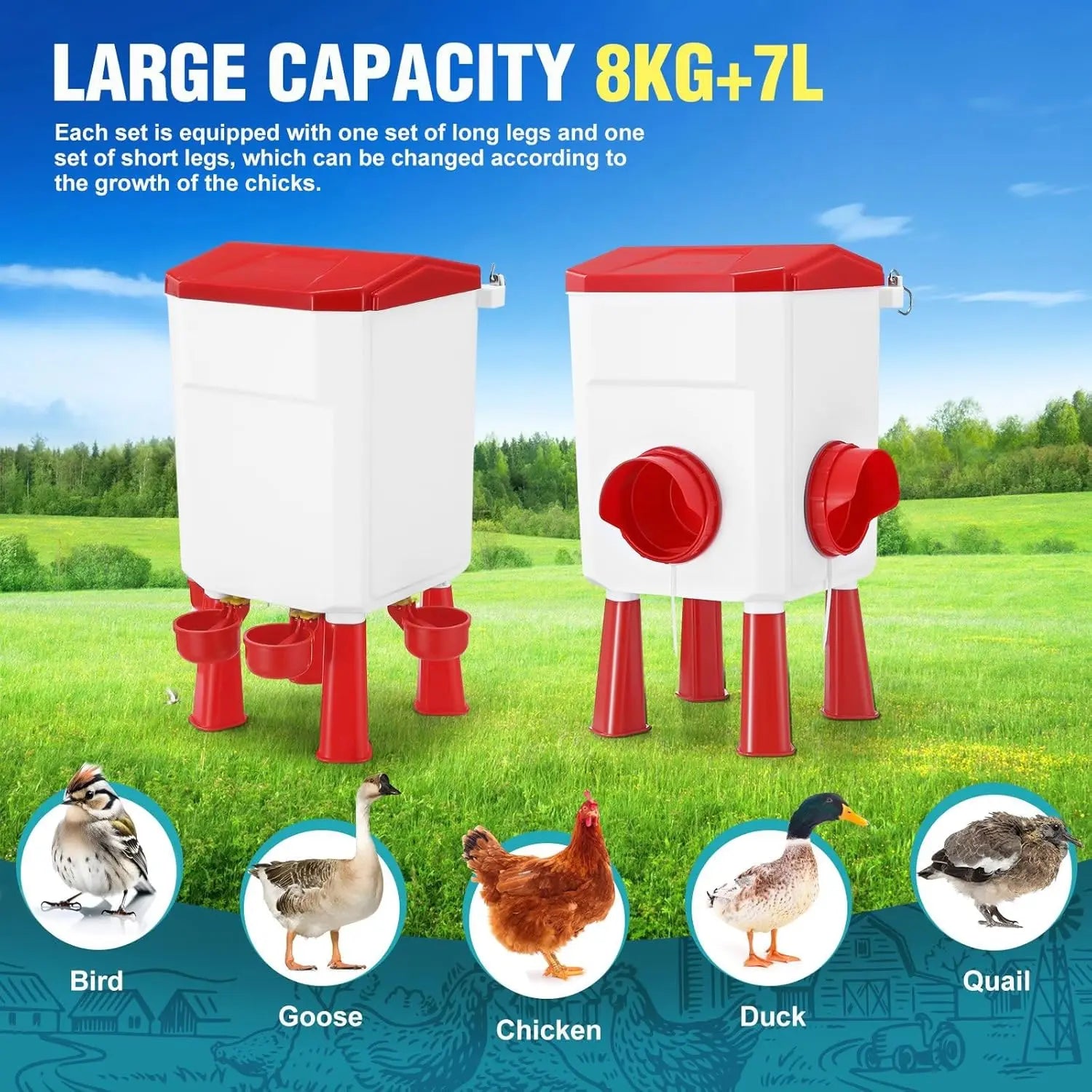 CARLA HOME Automatic Chicken Feeder Waterer Set with 8KG Food 7L Water Capacity for Coop, Chickens, Ducks, Quails (Red) Wholesale Hub
