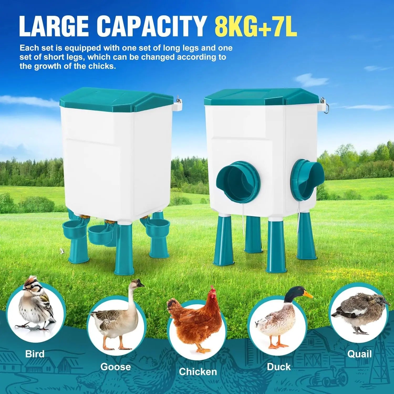 CARLA HOME Automatic Chicken Feeder Waterer Set with 8KG Food 7L Water Capacity for Coop, Chickens, Ducks, Quails (Blue) Wholesale Hub