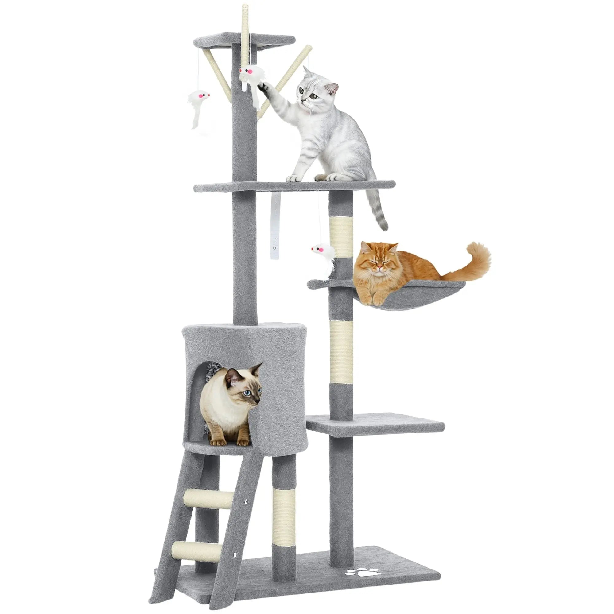 CARLA HOME 134cm Cat Tree for Indoor Cats with Hammock, Plush Perch & Sisal Scratching Posts for Kittens & Adult Cats (Light Grey) Wholesale Hub