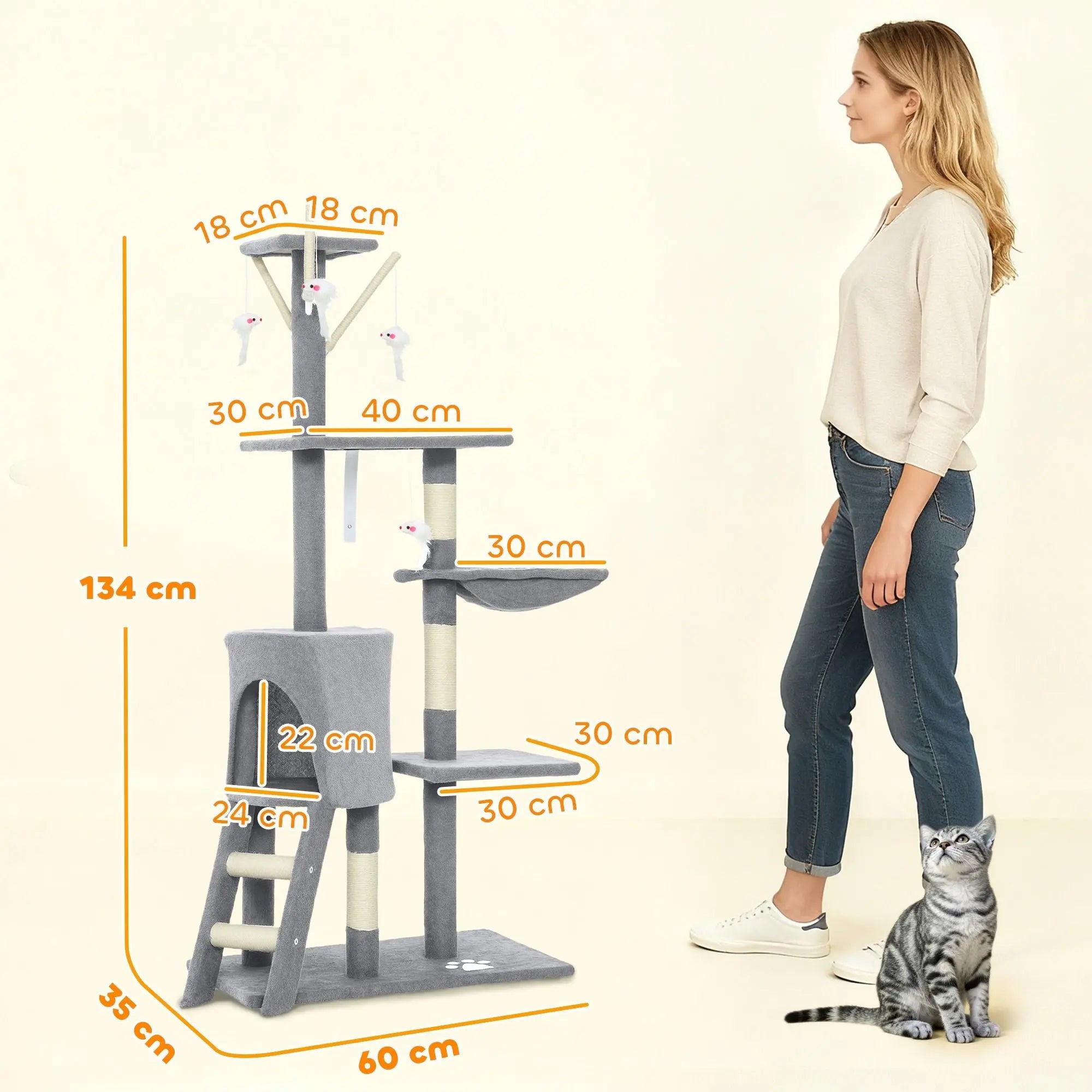 CARLA HOME 134cm Cat Tree for Indoor Cats with Hammock, Plush Perch & Sisal Scratching Posts for Kittens & Adult Cats (Light Grey) Wholesale Hub