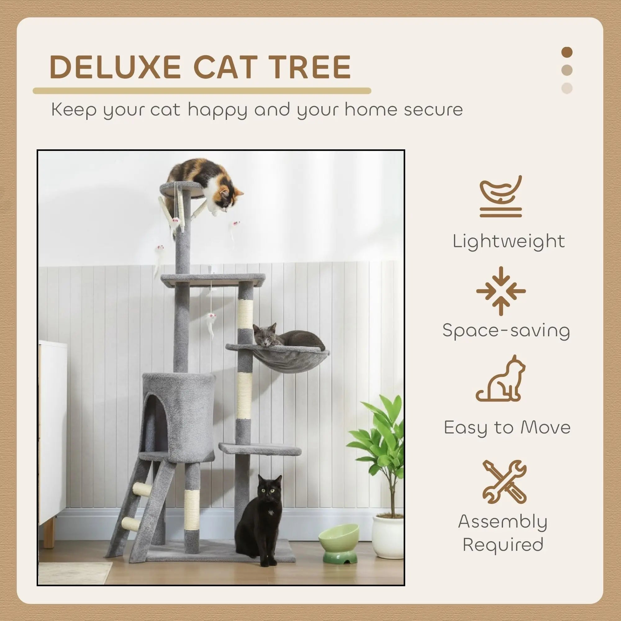 CARLA HOME 134cm Cat Tree for Indoor Cats with Hammock, Plush Perch & Sisal Scratching Posts for Kittens & Adult Cats (Light Grey) Wholesale Hub
