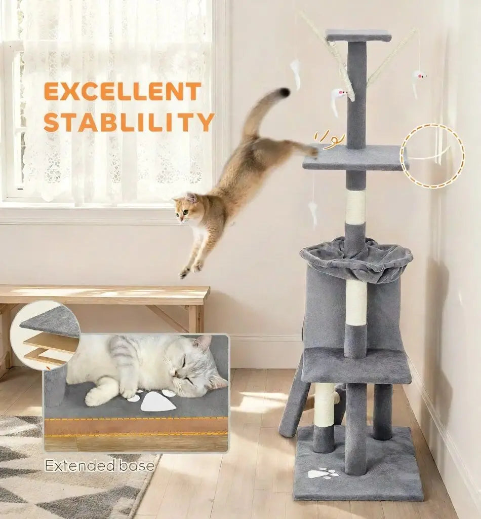 CARLA HOME 134cm Cat Tree for Indoor Cats with Hammock, Plush Perch & Sisal Scratching Posts for Kittens & Adult Cats (Light Grey) Wholesale Hub