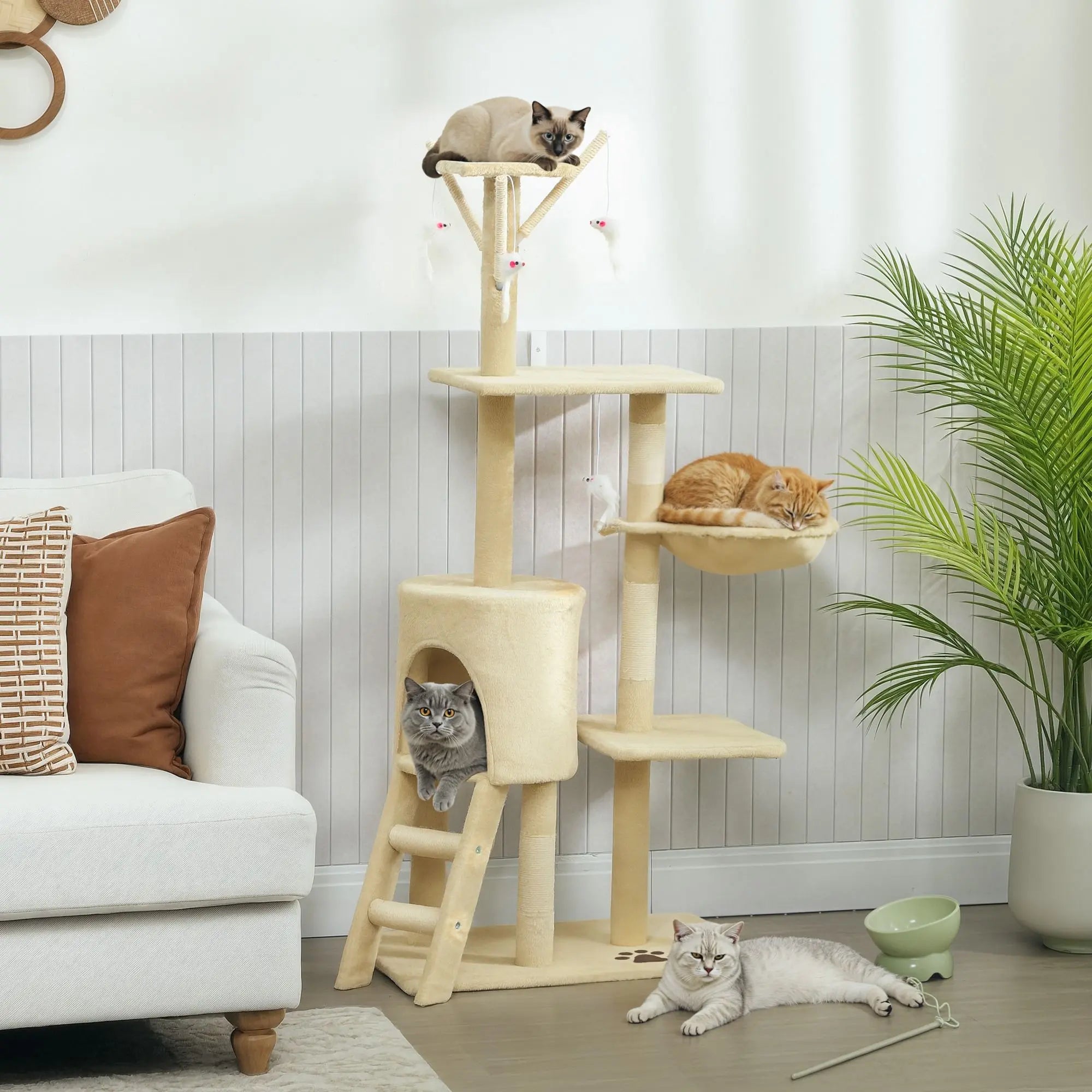 CARLA HOME 134cm Cat Tree for Indoor Cats with Hammock, Plush Perch & Sisal Scratching Posts for Kittens & Adult Cats (Beige) Wholesale Hub