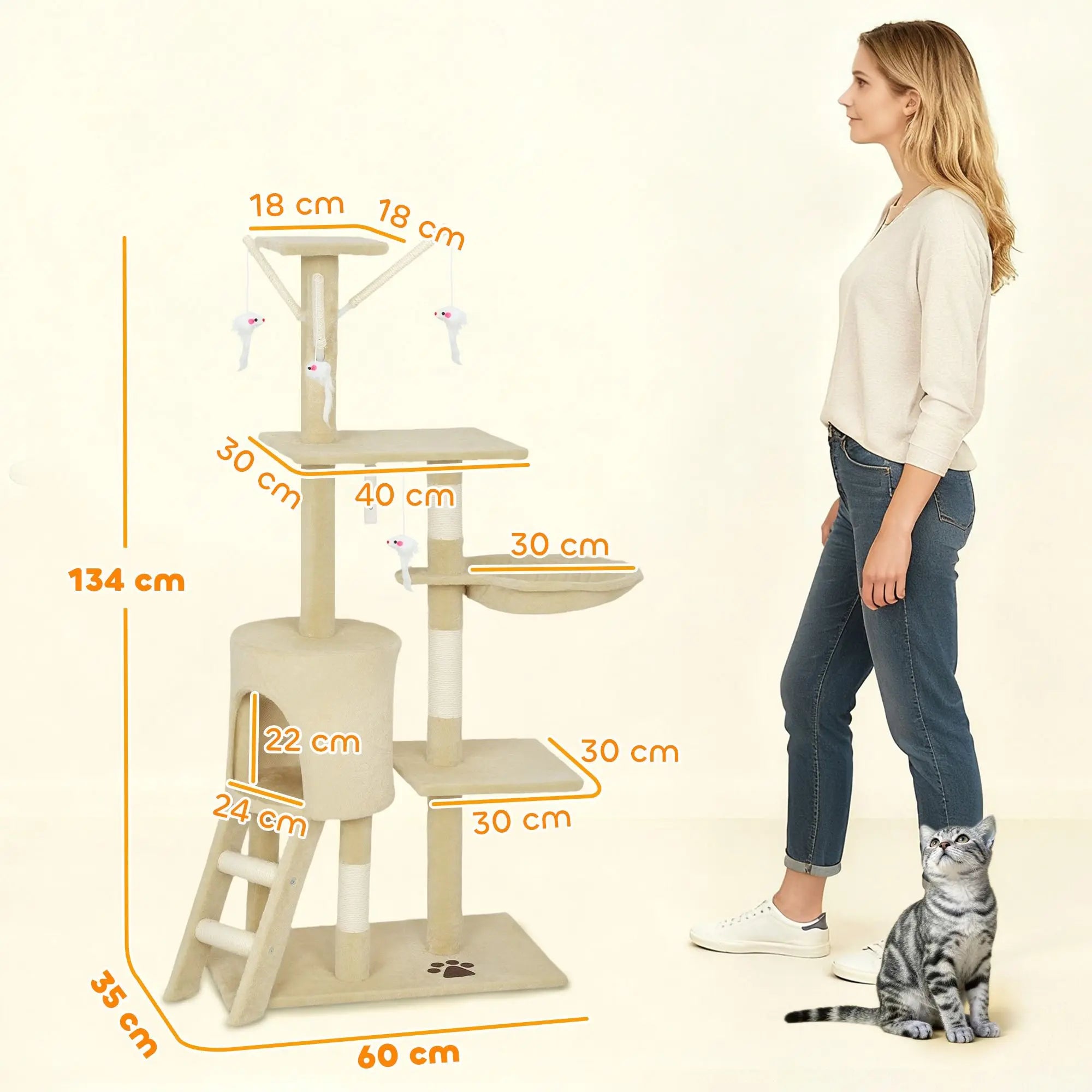 CARLA HOME 134cm Cat Tree for Indoor Cats with Hammock, Plush Perch & Sisal Scratching Posts for Kittens & Adult Cats (Beige) Wholesale Hub