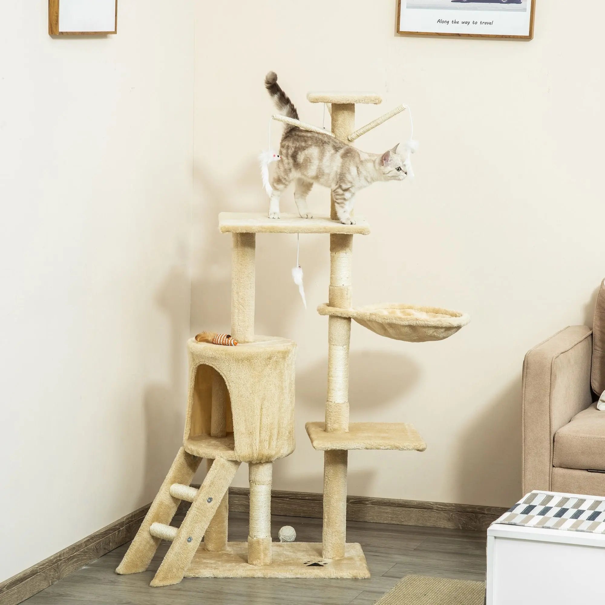 CARLA HOME 134cm Cat Tree for Indoor Cats with Hammock, Plush Perch & Sisal Scratching Posts for Kittens & Adult Cats (Beige) Wholesale Hub