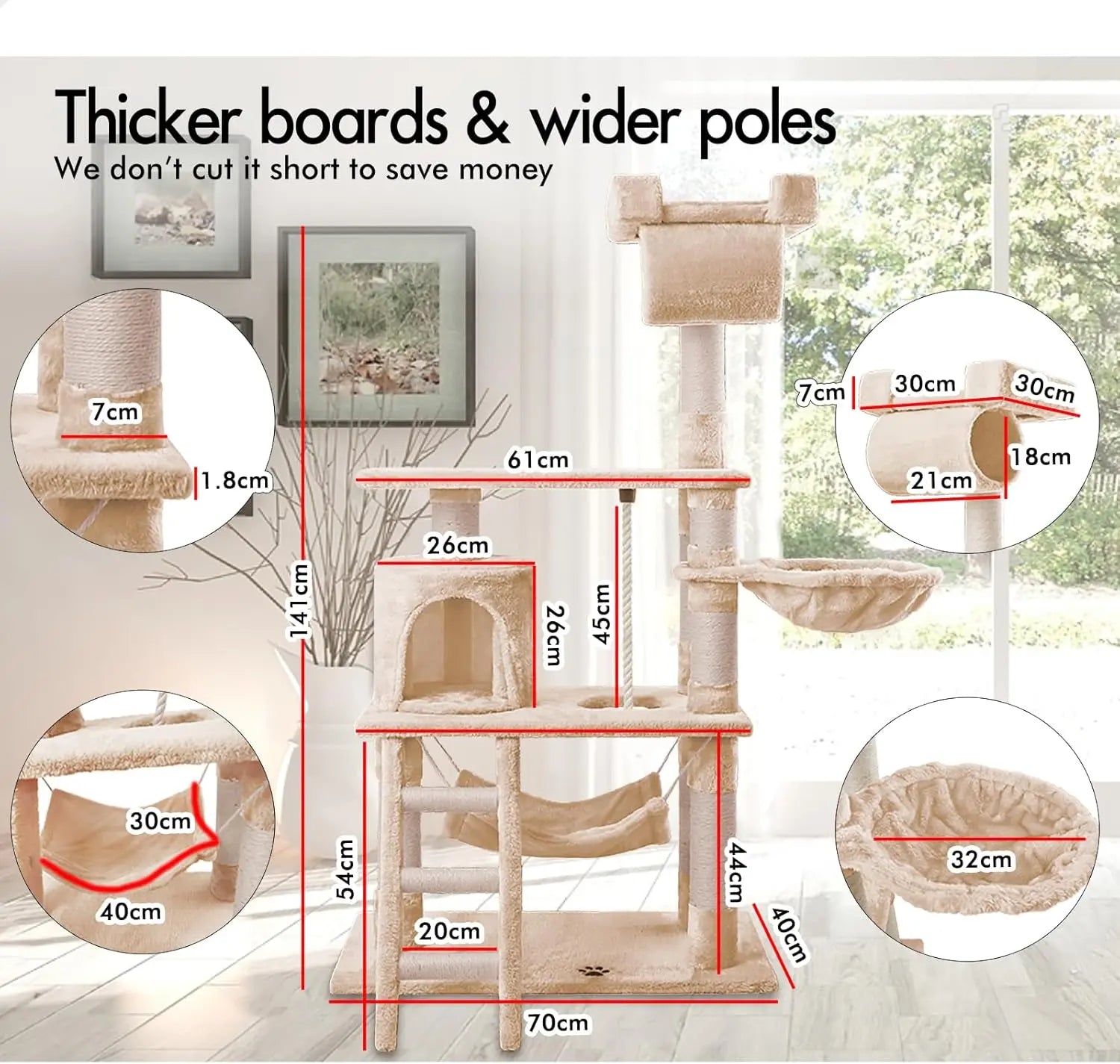CARLA HOME 141cm Cat Tree Tower for Indoor Cats with Plush Perch, Ladder, Sisal Scratching Posts, Hammock & Condo for Kittens & Adult Cats (Beige) Wholesale Hub