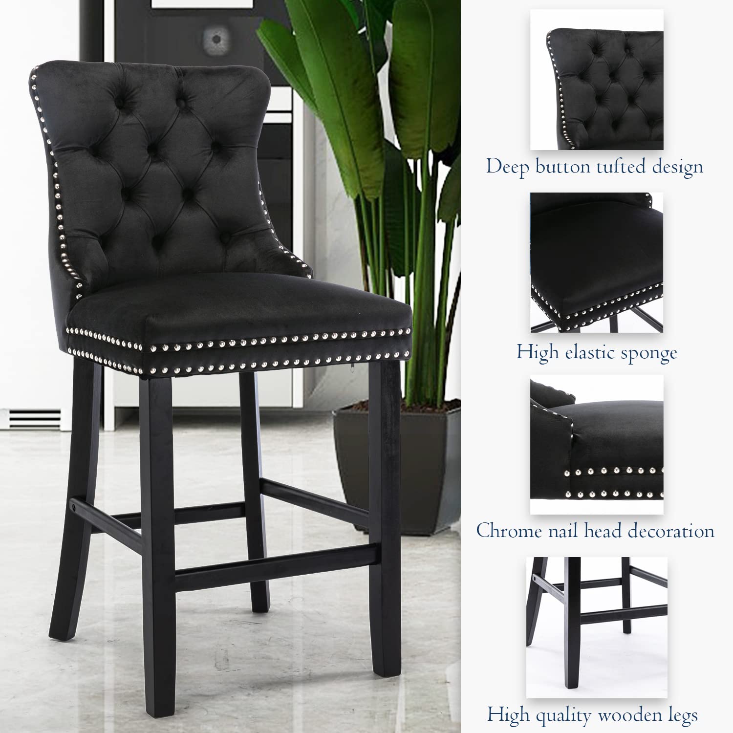 2X Velvet Bar Stools with Studs Trim Wooden Legs Tufted Dining Chairs Kitchen