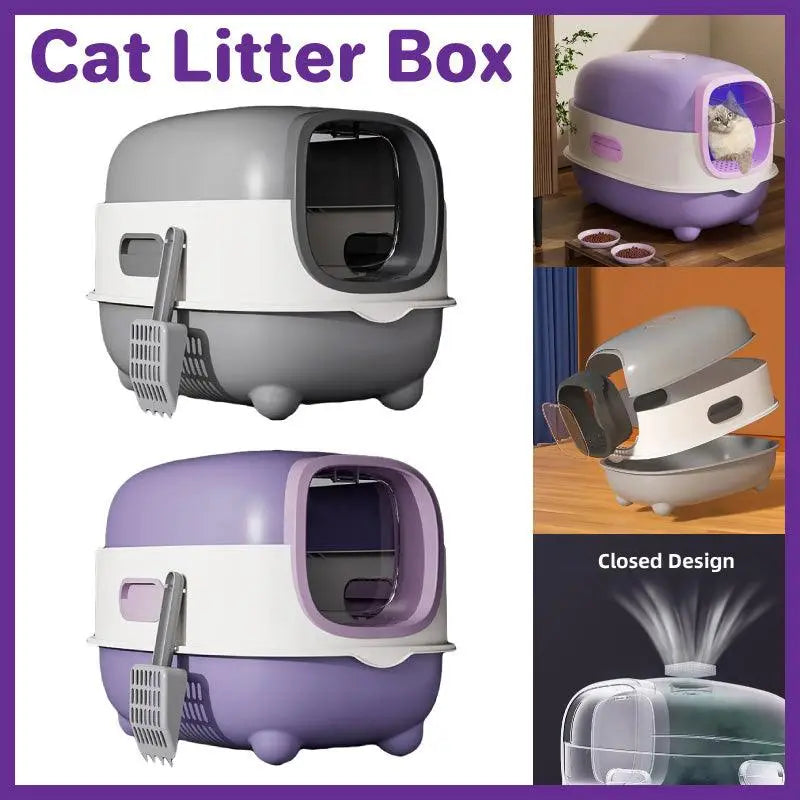 Large Fully Enclosed Cat Litter Box Lift Lid Odour Control Easy Clean Kitty - Purple Wholesale Hub
