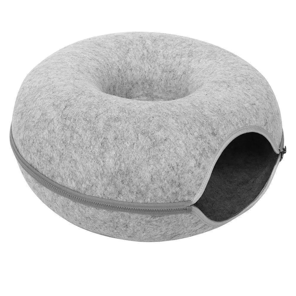 Felt Cat Tunnel Bed Donut Cave Nest for Kittens and Small Pets 50x30cm - Light Grey Wholesale Hub