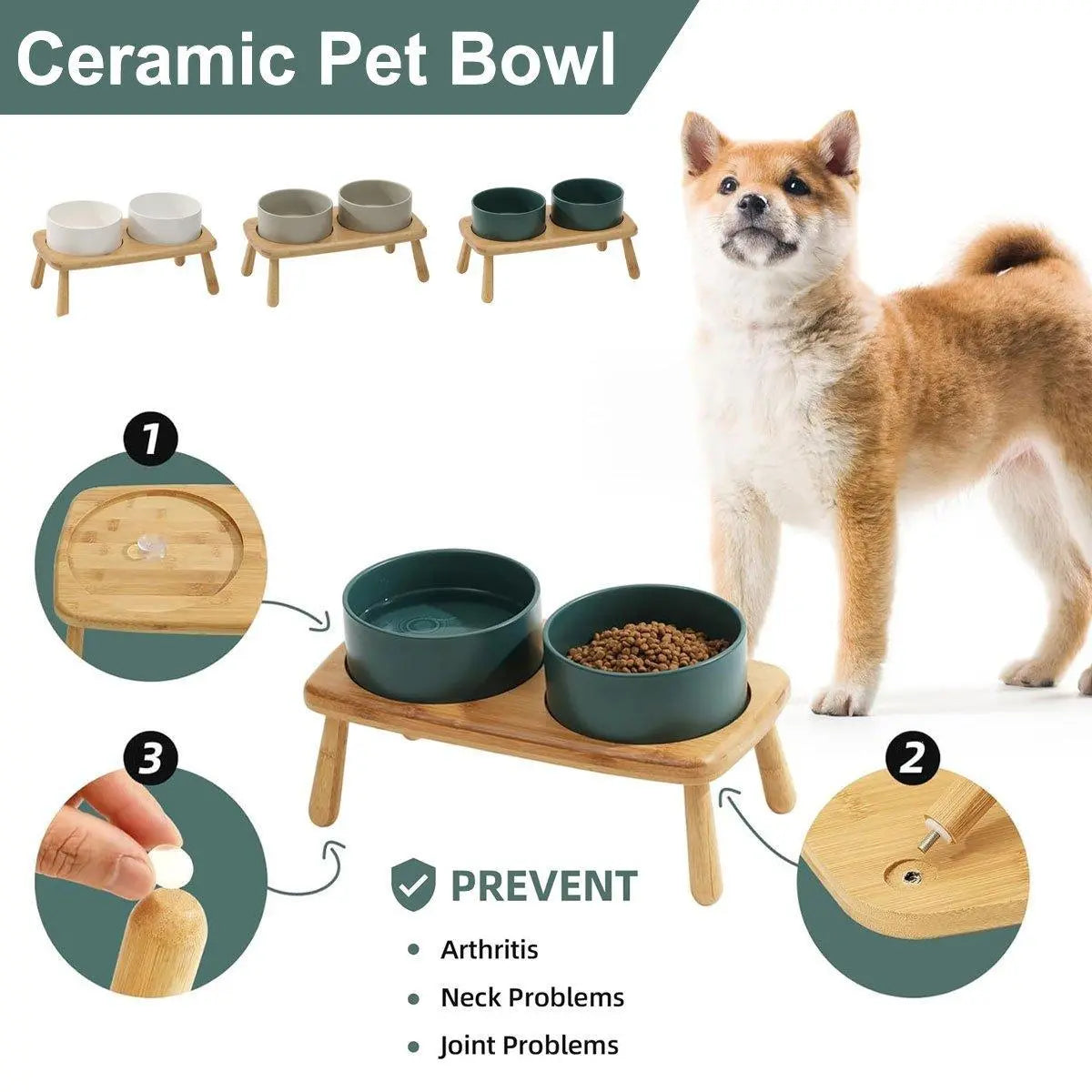 Ceramic Elevated Dog Bowl Anti-Slip Double Bowl for Small Medium Large Dogs - Grey Wholesale Hub