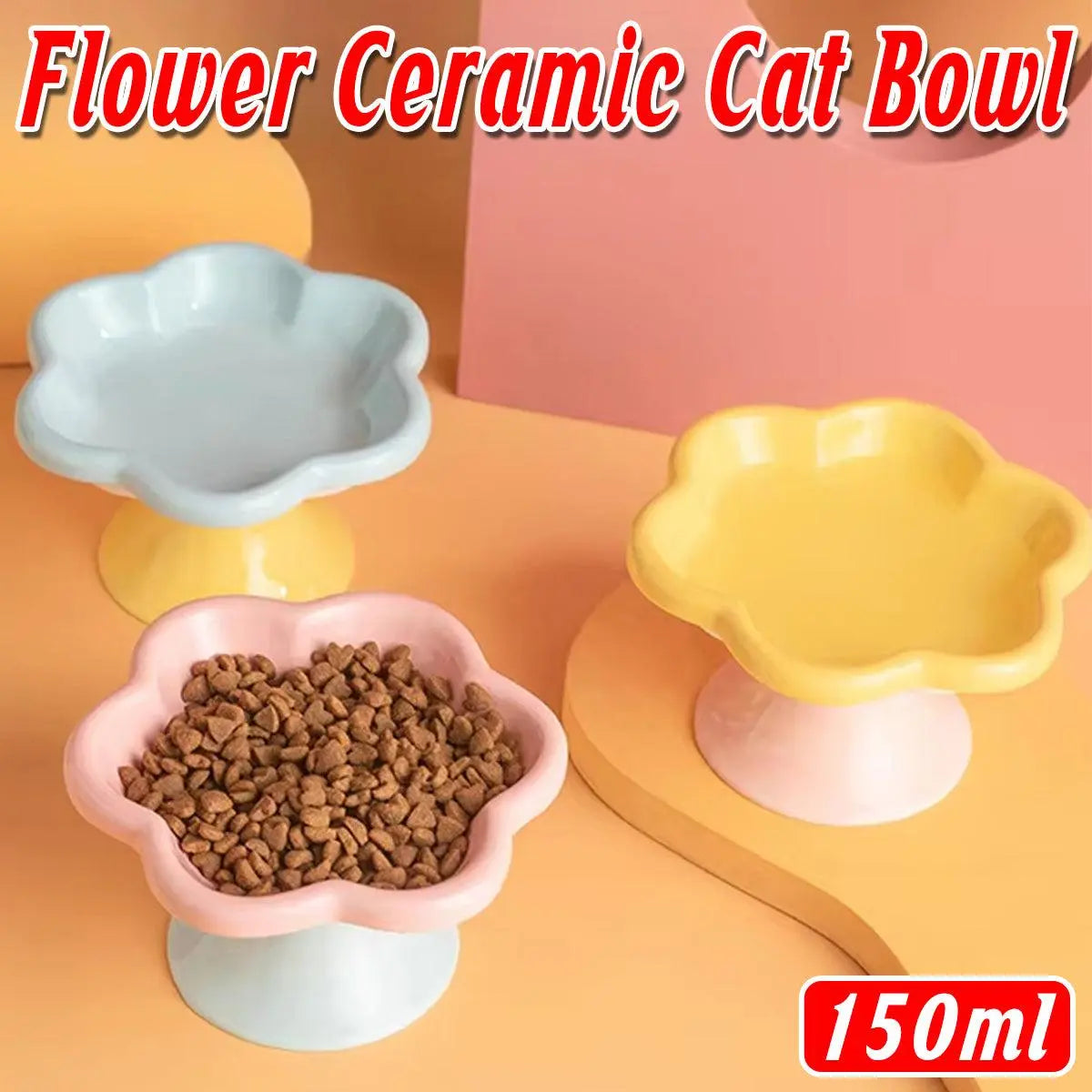 Flower Ceramic Cat Bowl Pet Food Bowl Snack Tray for Cats and Small Pets Feeding - Yellow Wholesale Hub
